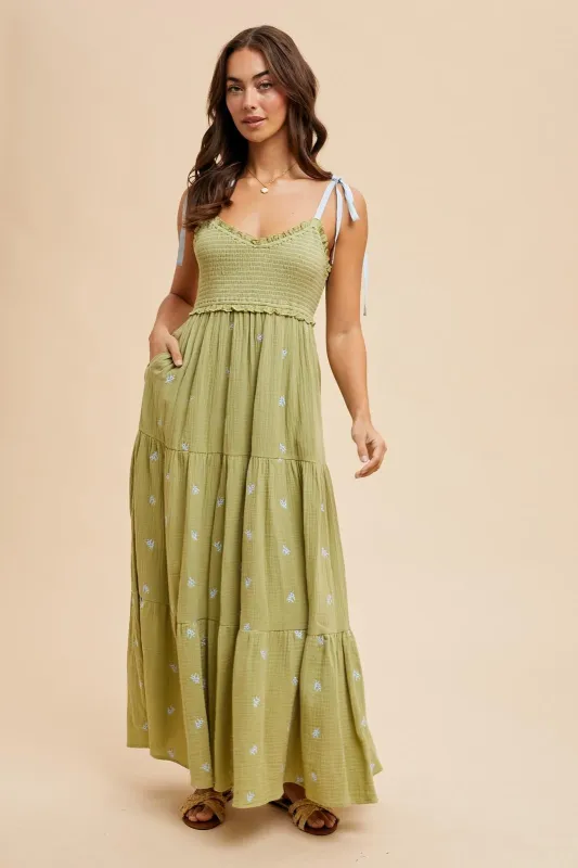 Light Olive Embroidered Smocked Shoulder Tie Maxi Dress sold by Pinkblush