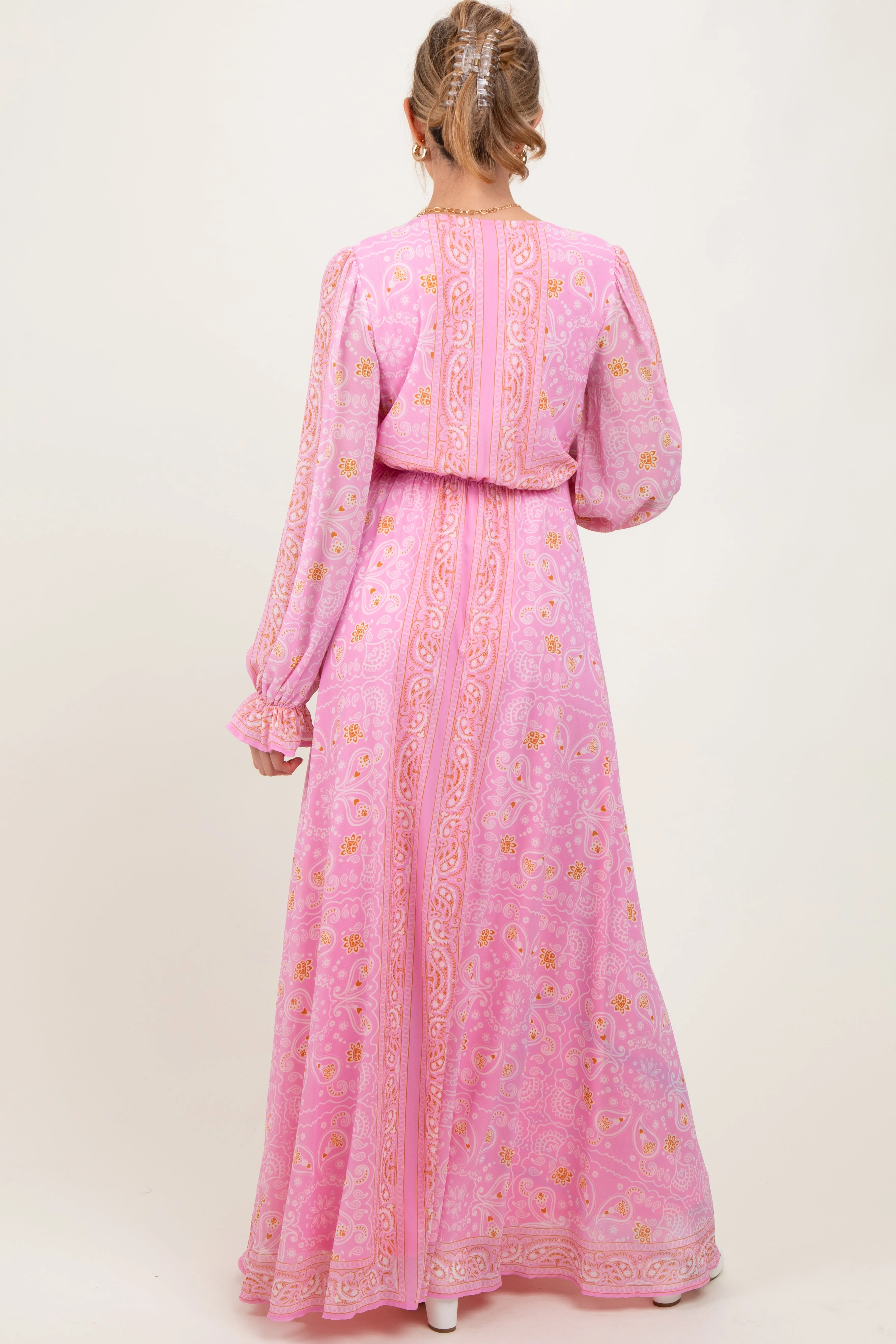 Pink Paisley Deep V-Neck Long Sleeve Maternity Maxi Dress sold by Pinkblush product image thumbnail 3