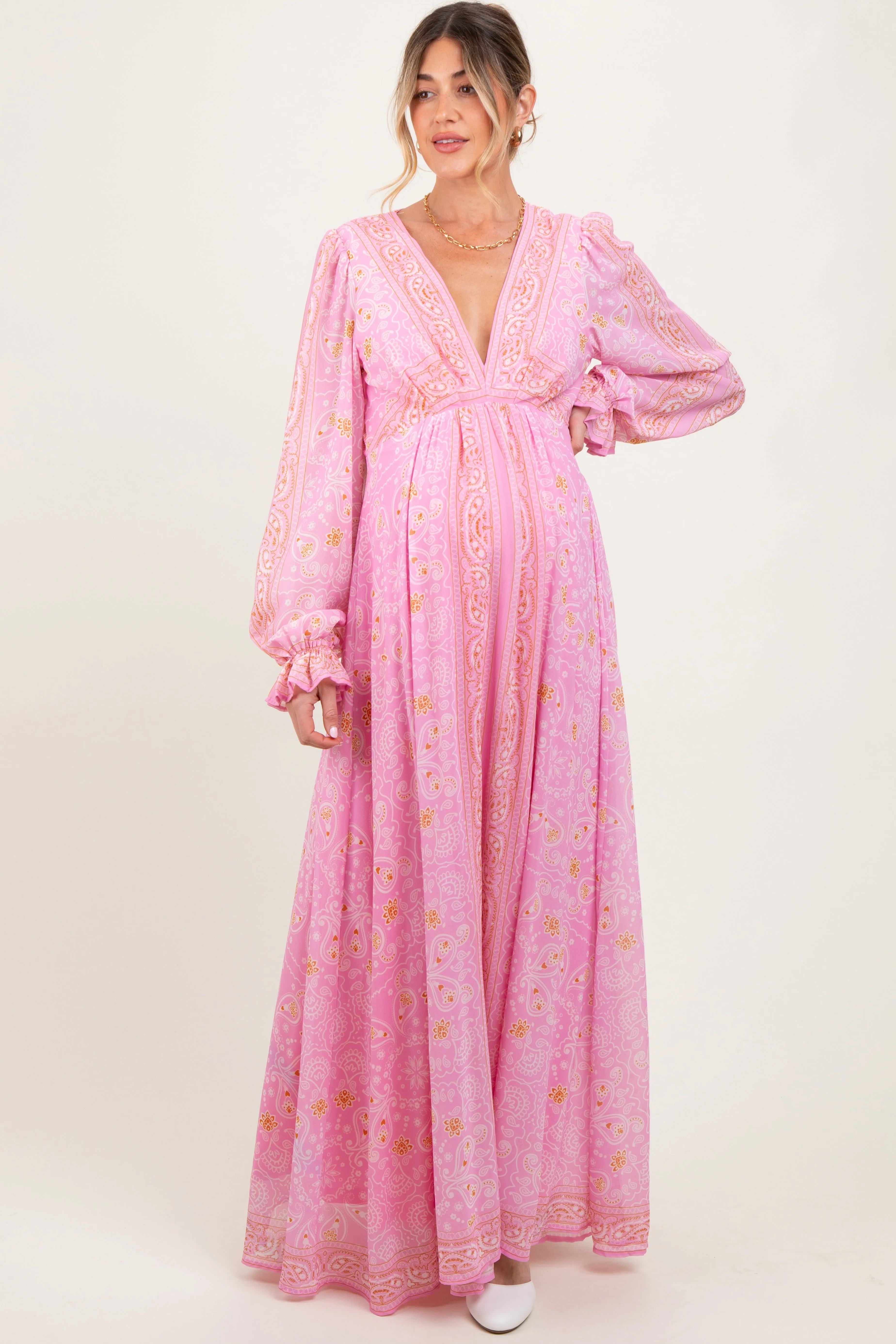 Pink Paisley Deep V-Neck Long Sleeve Maternity Maxi Dress sold by Pinkblush