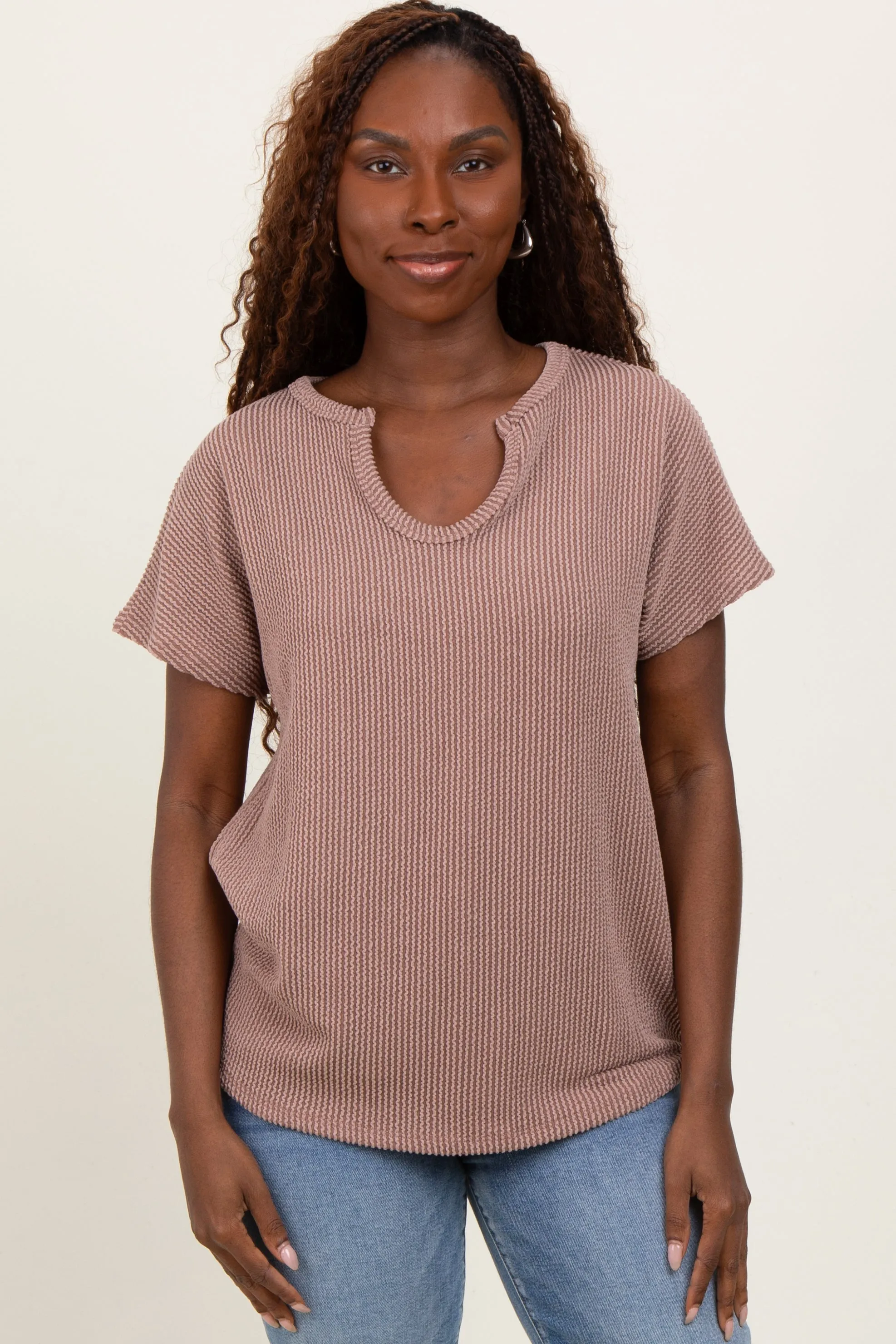 Mocha Ribbed Notched Neckline Top sold by Pinkblush