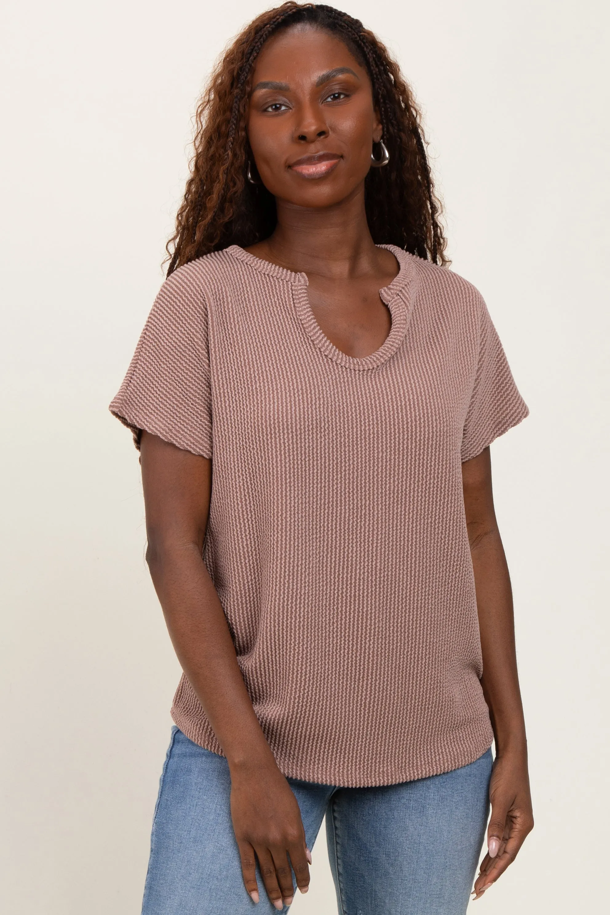 Mocha Ribbed Notched Neckline Top sold by Pinkblush product image thumbnail 2