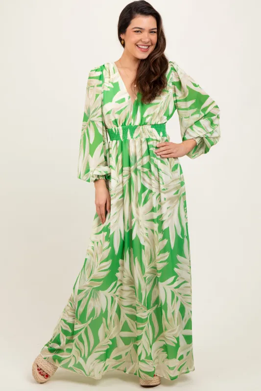 Lime Leaf Print Smocked Waist Long Sleeve Maxi Dress sold by Pinkblush