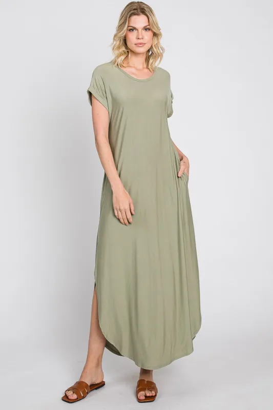 Light Olive Round Hem Side Slit Maxi Dress sold by Pinkblush