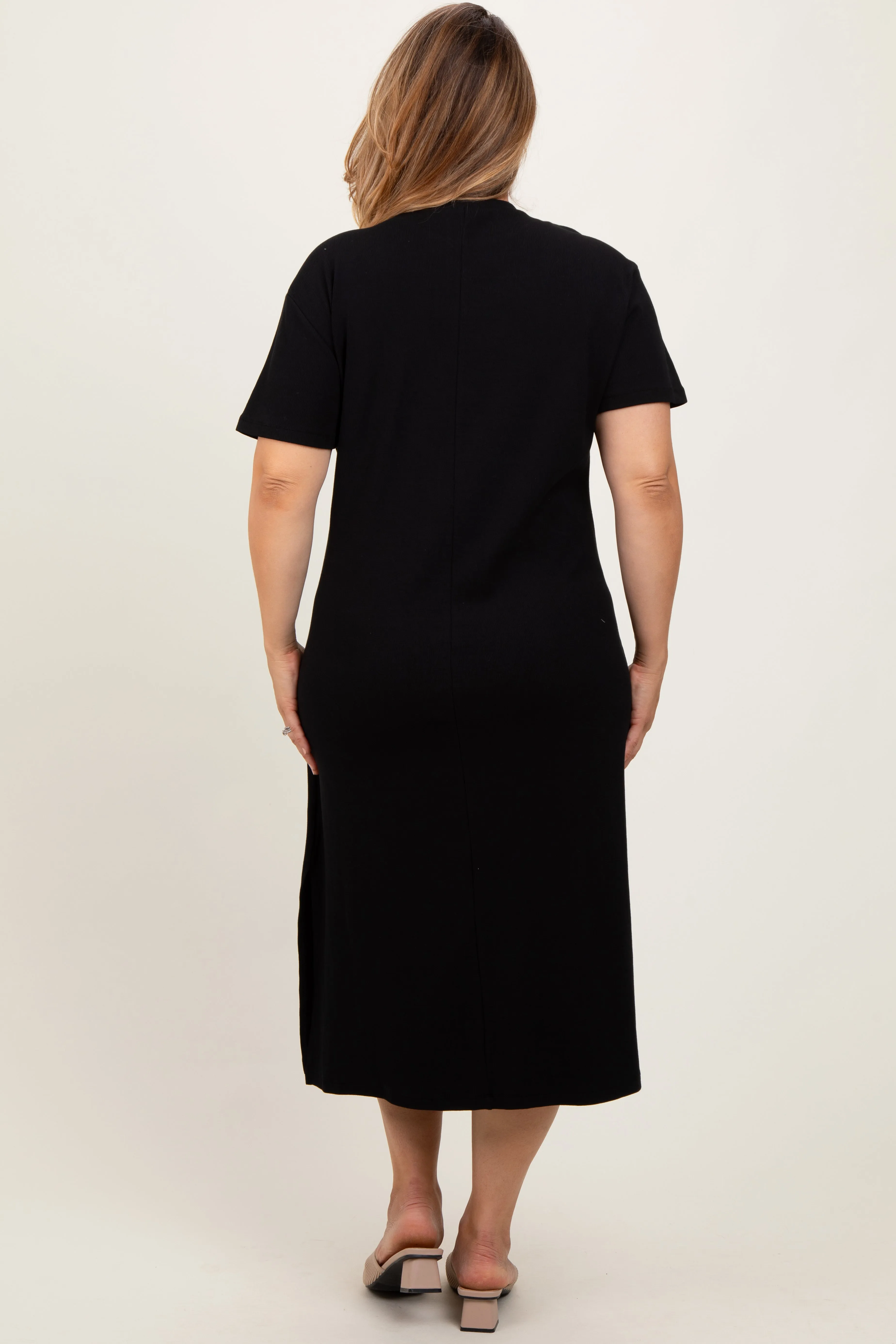 Black Short Sleeve Side Slit Maternity Plus T-Shirt Midi Dress sold by Pinkblush product image thumbnail 3