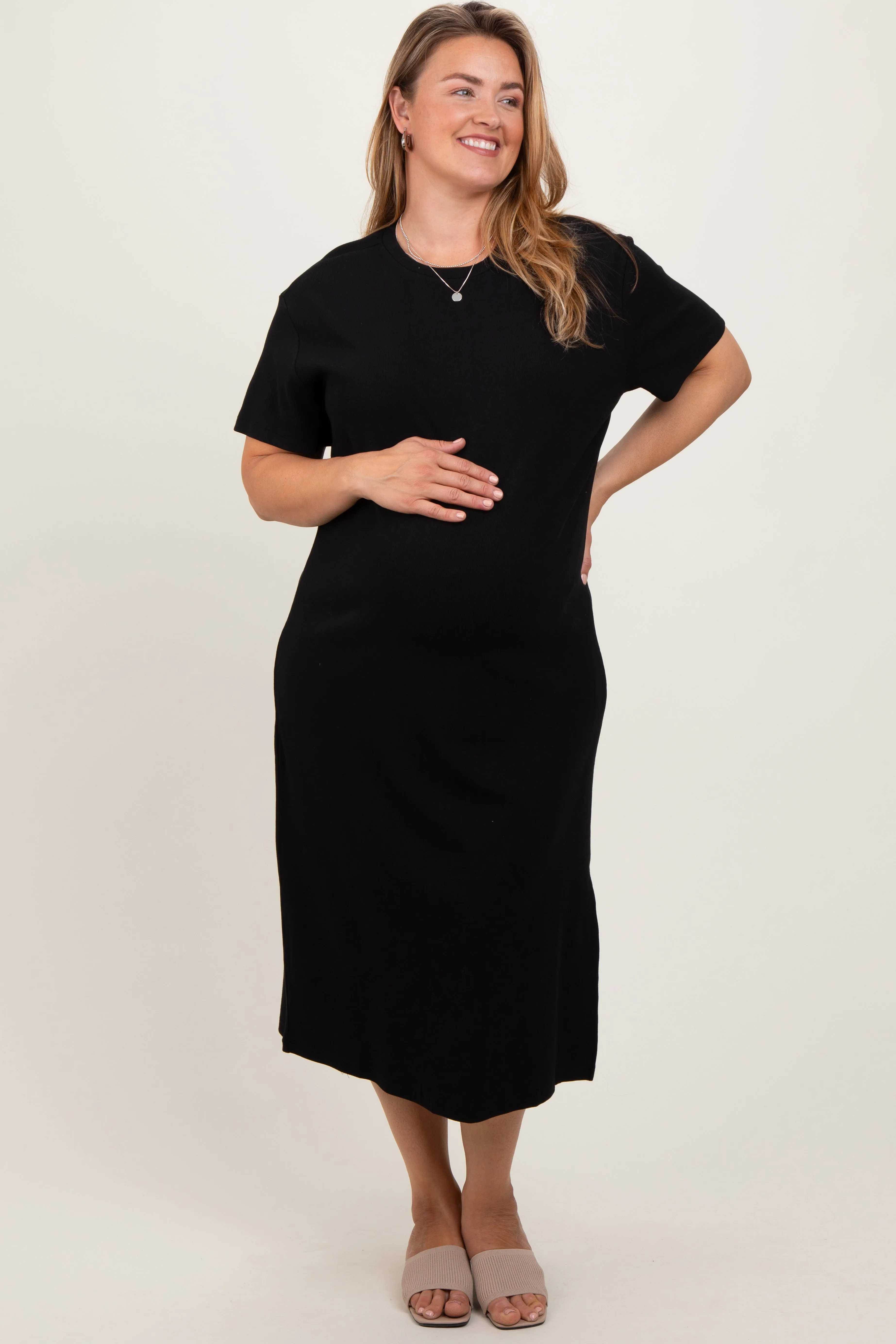 Black Short Sleeve Side Slit Maternity Plus T-Shirt Midi Dress sold by Pinkblush product image thumbnail 2