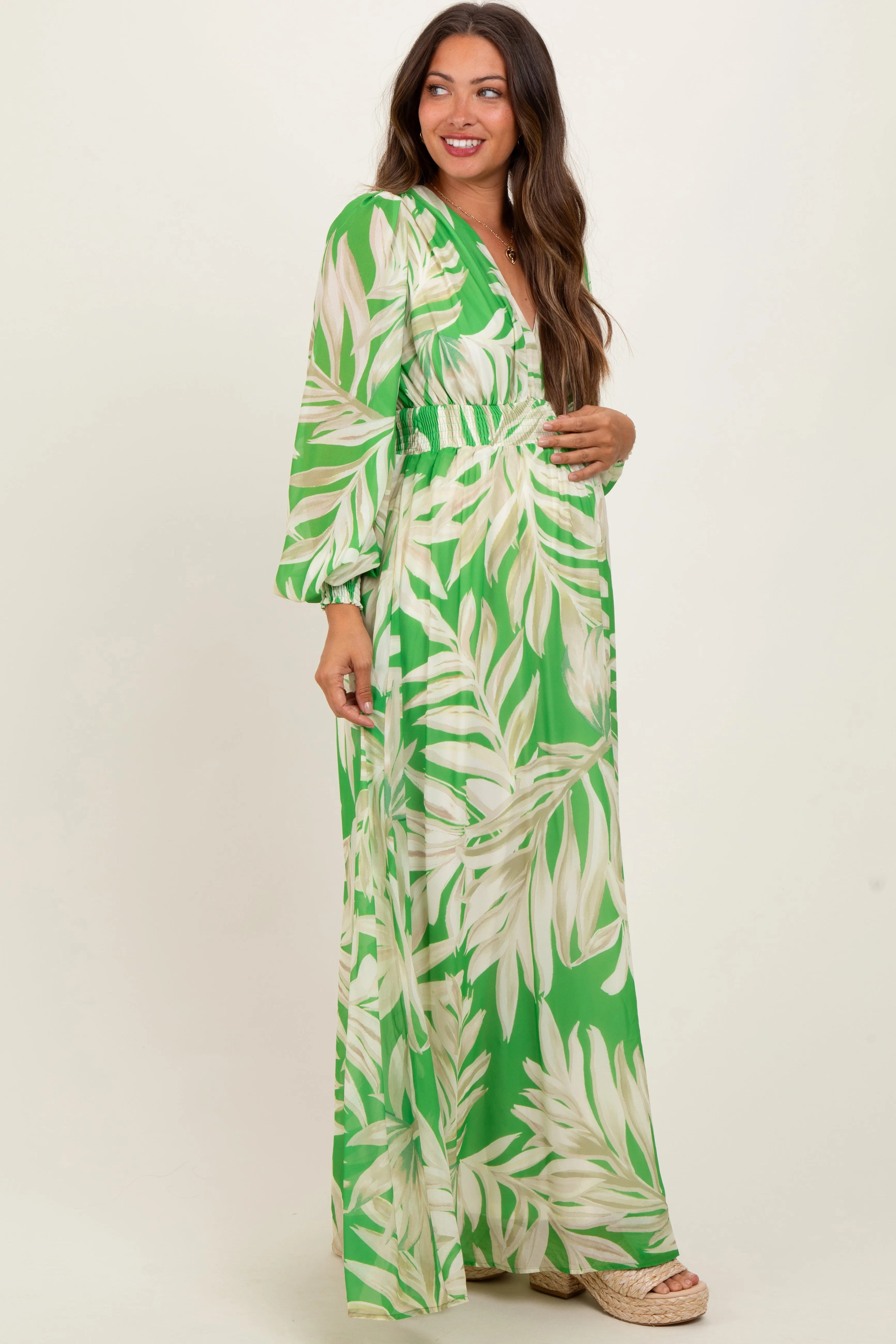 Lime Leaf Print Smocked Waist Long Sleeve Maternity Maxi Dress sold by Pinkblush product image thumbnail 3