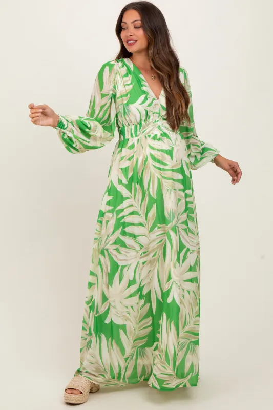 Lime Leaf Print Smocked Waist Long Sleeve Maternity Maxi Dress sold by Pinkblush
