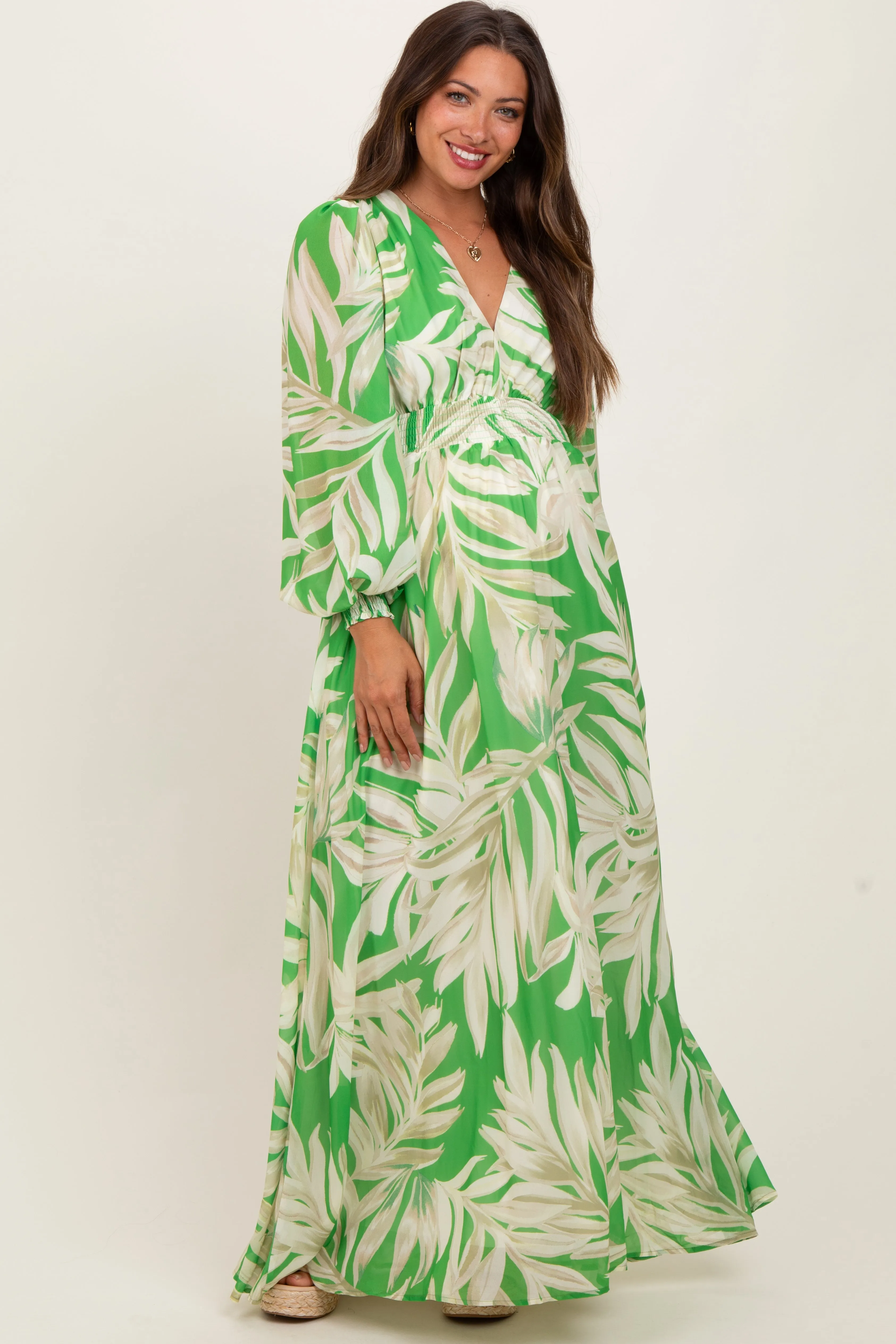 Lime Leaf Print Smocked Waist Long Sleeve Maternity Maxi Dress sold by Pinkblush product image thumbnail 2