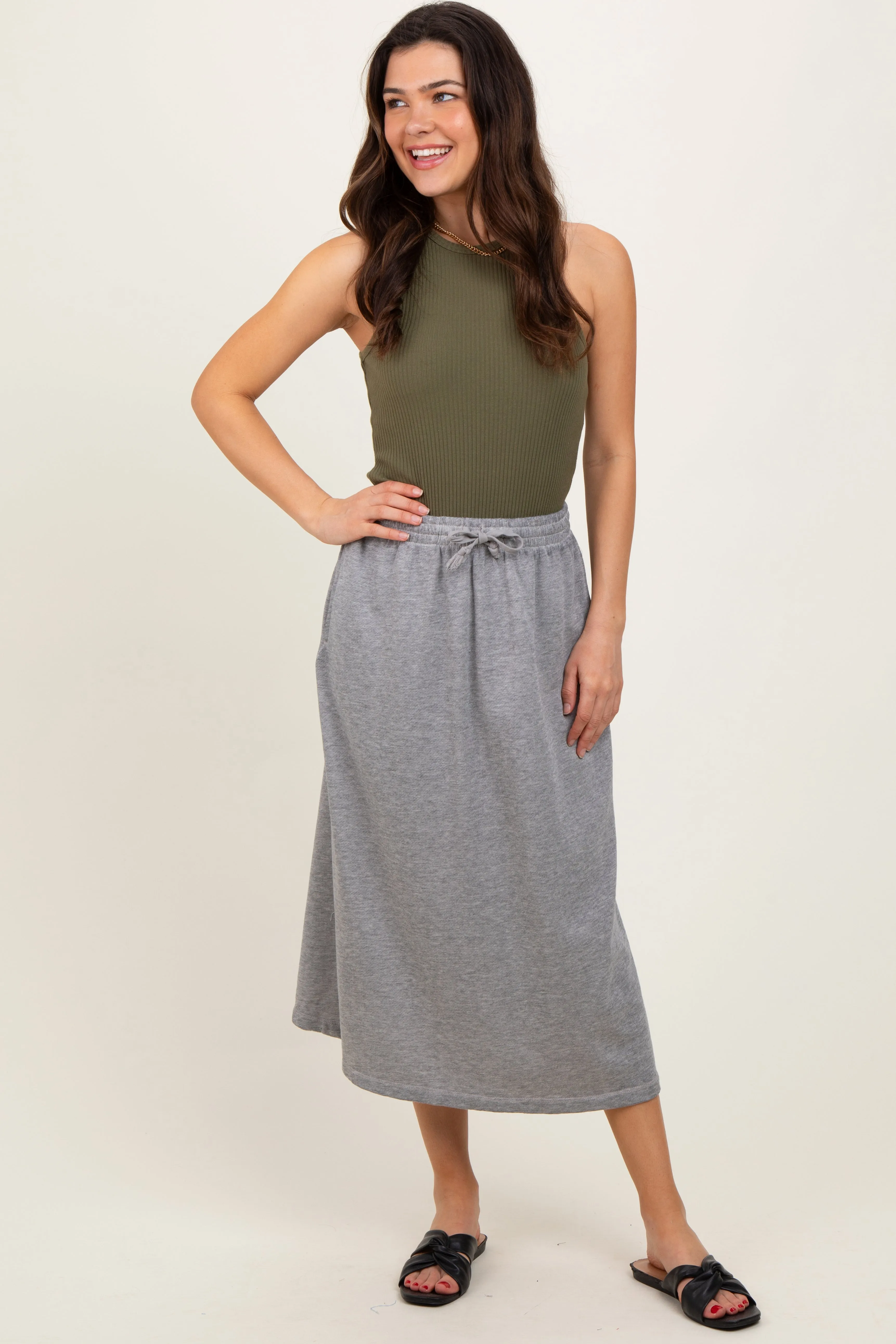 Heather Grey Terry Drawstring Midi Skirt sold by Pinkblush product image thumbnail 2