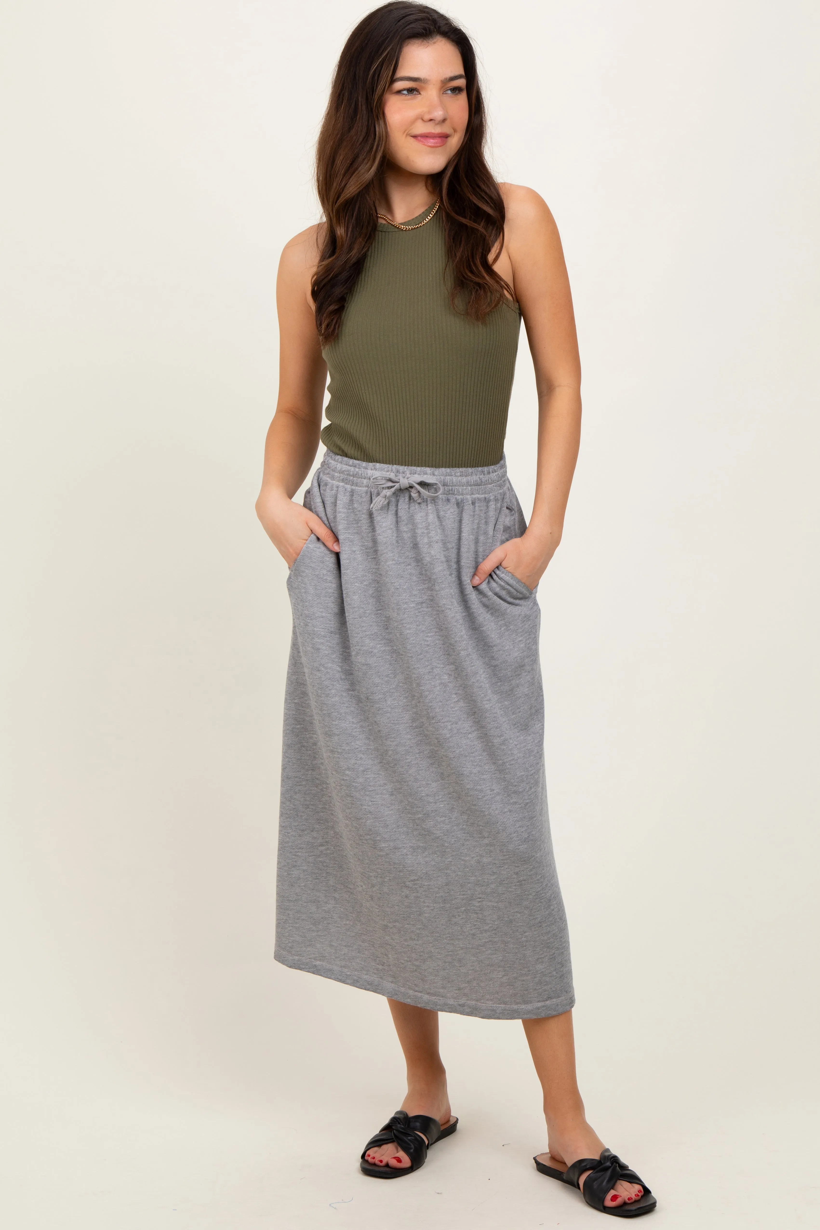 Heather Grey Terry Drawstring Midi Skirt sold by Pinkblush