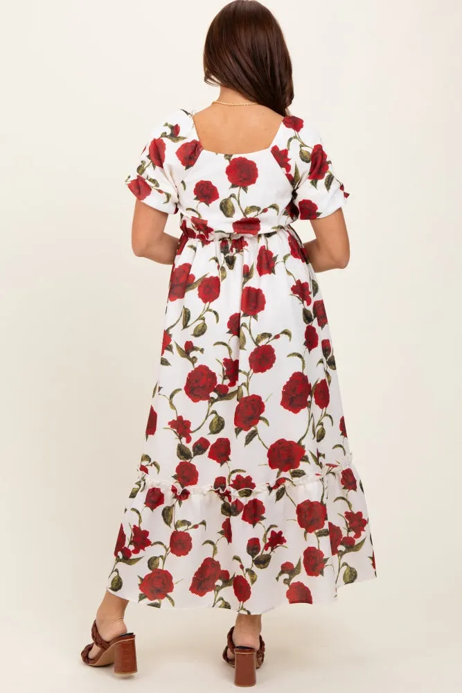Cream Floral Square Neck Short Puff Sleeve Midi Dress sold by Pinkblush product image thumbnail 4