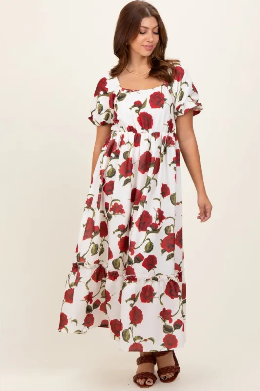 Cream Floral Square Neck Short Puff Sleeve Midi Dress sold by Pinkblush