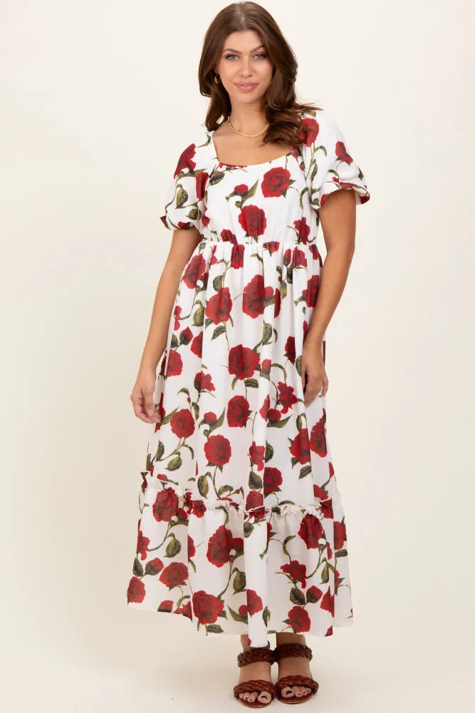Cream Floral Square Neck Short Puff Sleeve Midi Dress sold by Pinkblush product image thumbnail 2