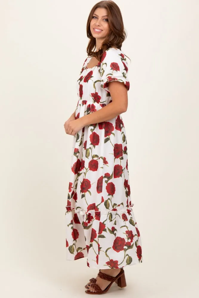 Cream Floral Square Neck Short Puff Sleeve Midi Dress sold by Pinkblush product image thumbnail 3