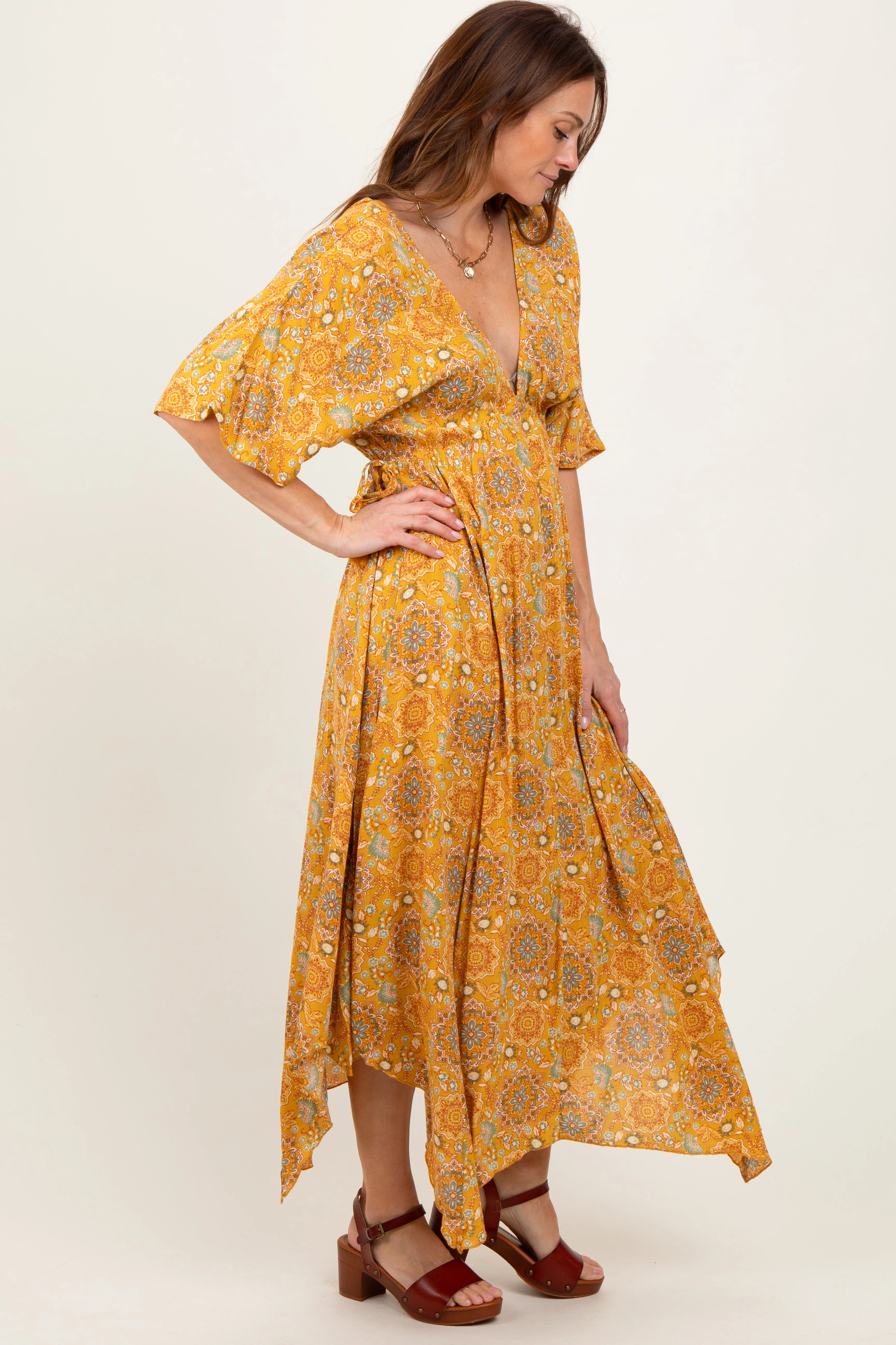 Yellow Printed Deep V-Neck Handkerchief Hem Maxi Dress sold by Pinkblush product image thumbnail 3