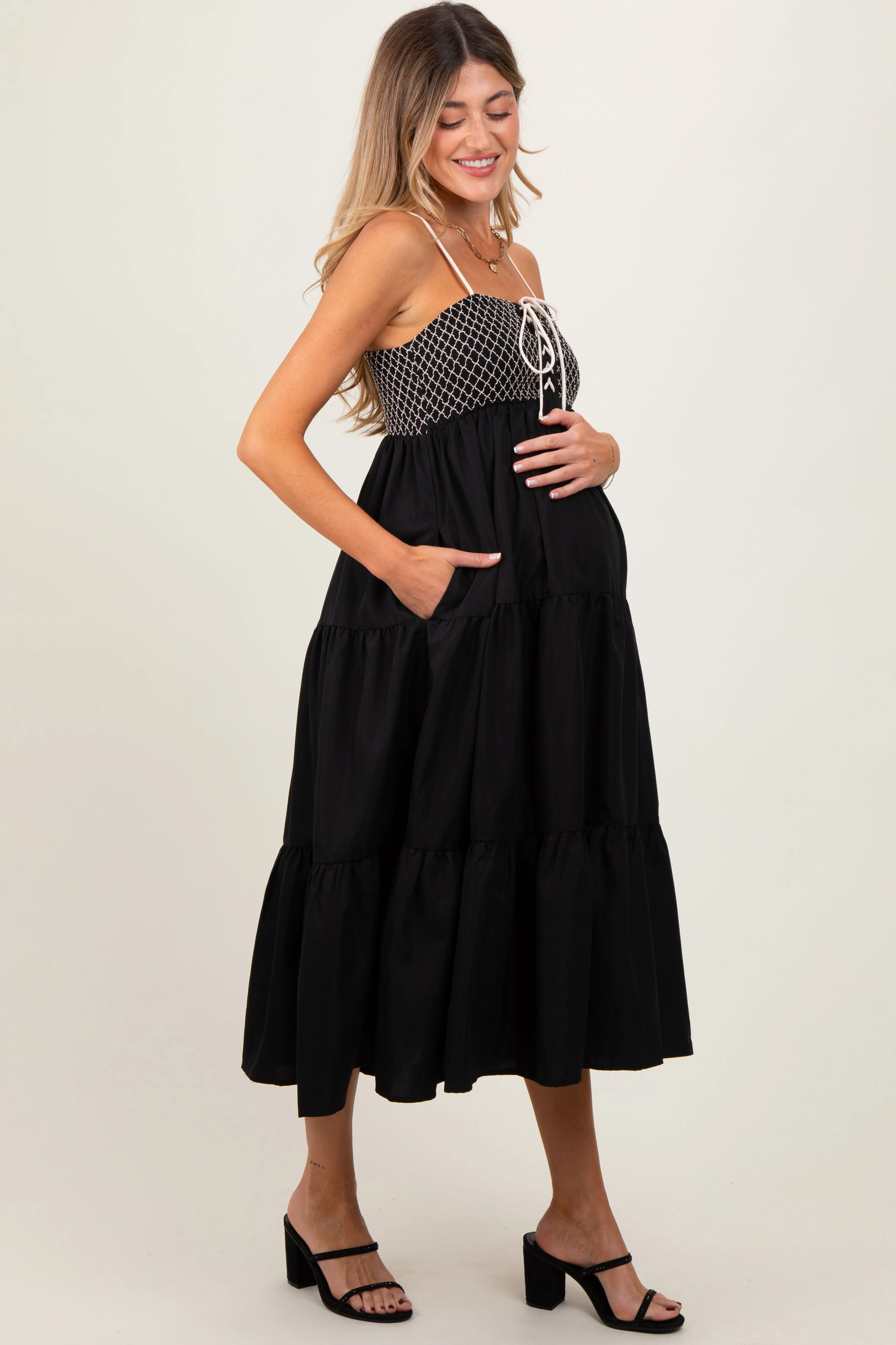 Black Lace Up Smocked Bodice Tiered Maternity Midi Dress sold by Pinkblush product image thumbnail 3