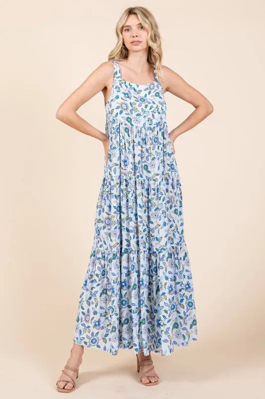 Blue Floral Sleeveless Tiered Maxi Dress sold by Pinkblush