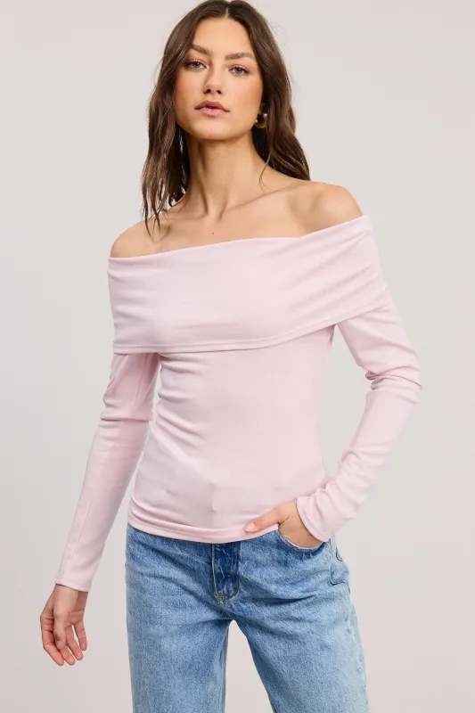 Pink Off Shoulder Foldover Long Sleeve Top sold by Pinkblush