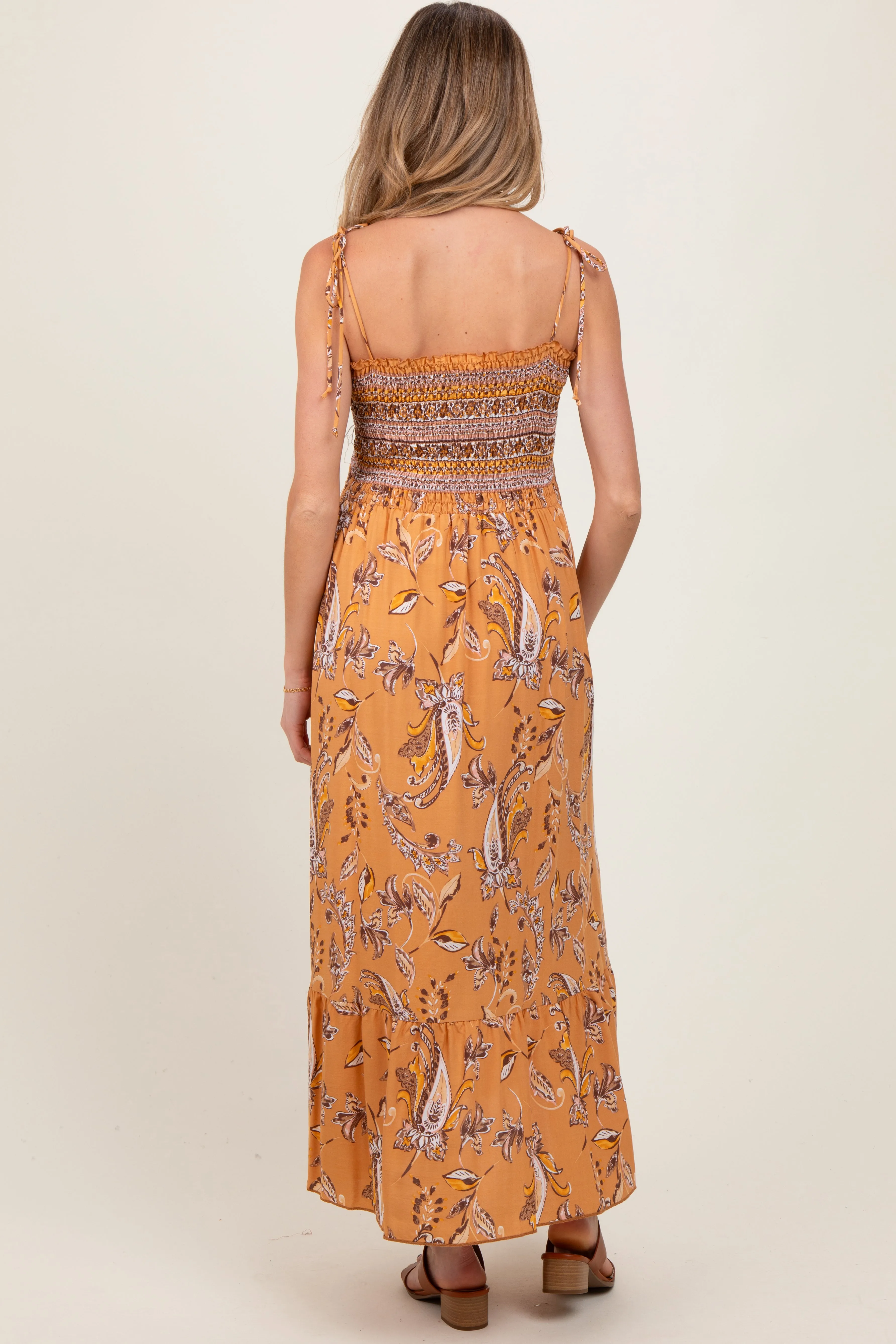 Peach Paisley Shoulder Tie Smocked Maternity Maxi Dress sold by Pinkblush product image thumbnail 3
