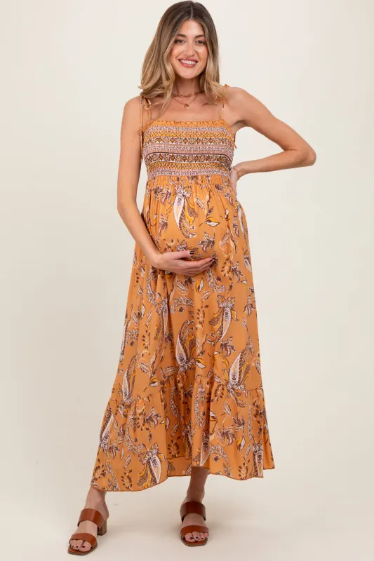 Peach Paisley Shoulder Tie Smocked Maternity Maxi Dress sold by Pinkblush