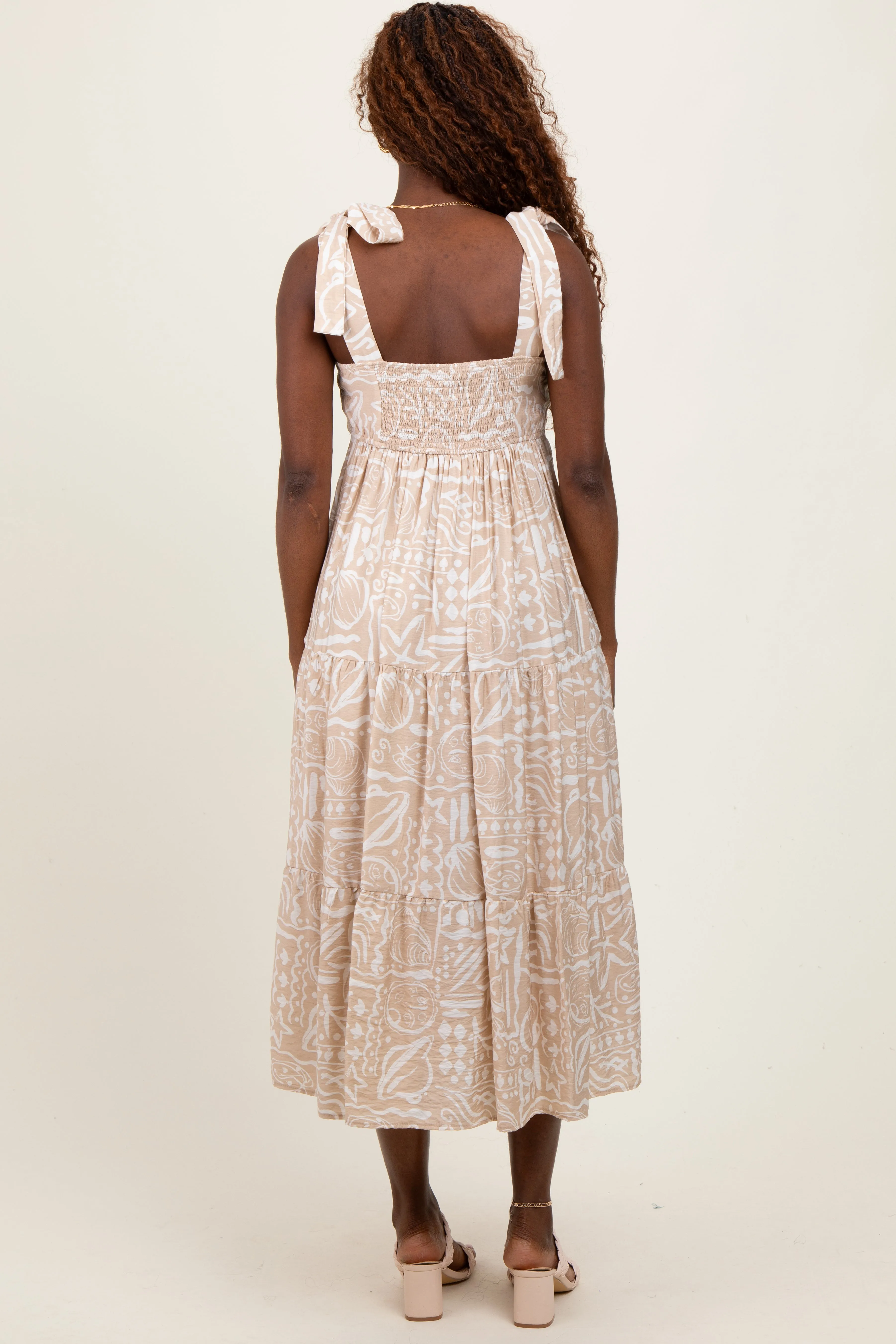 Beige Printed Tie Strap Tiered Midi Dress sold by Pinkblush product image thumbnail 3