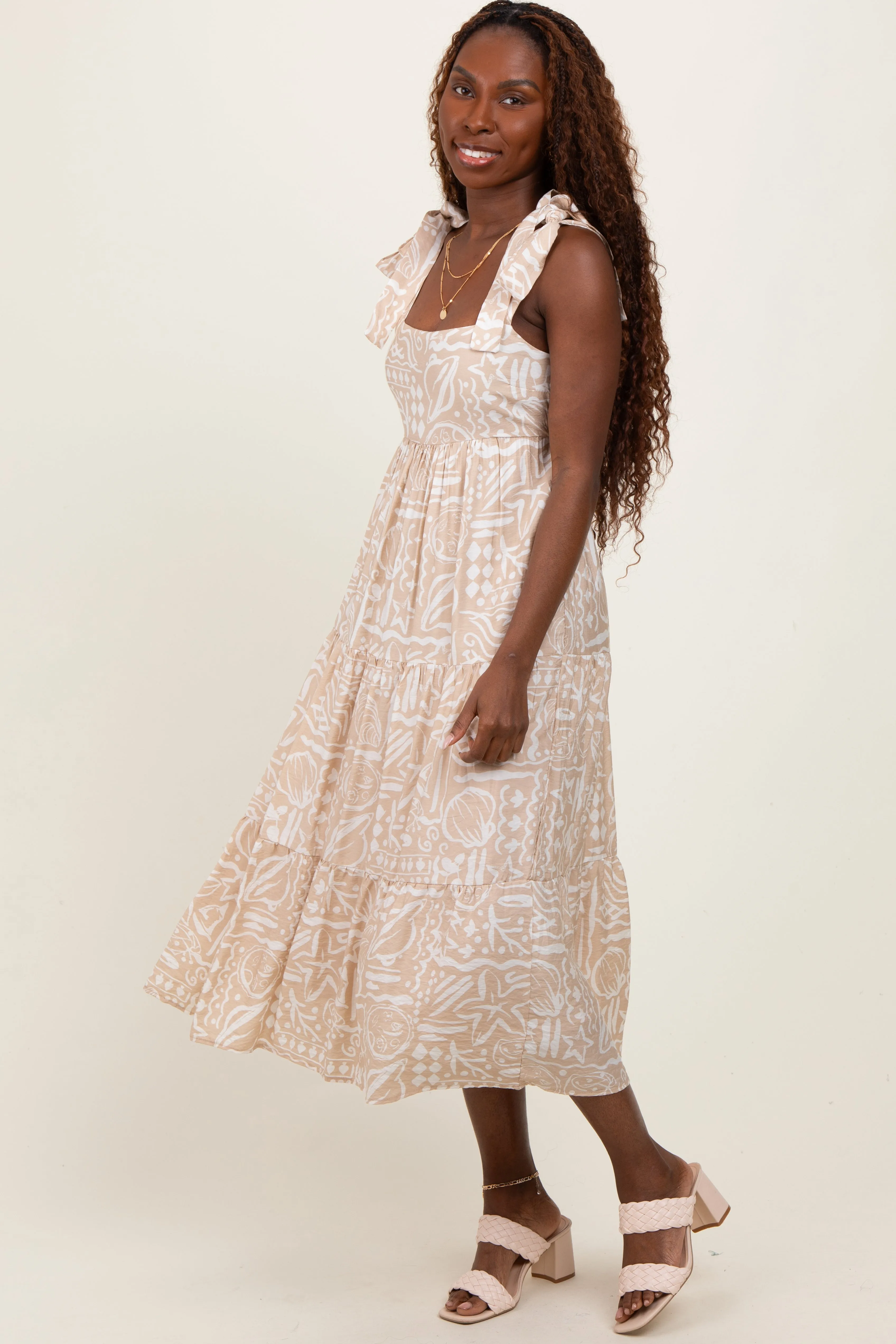 Beige Printed Tie Strap Tiered Midi Dress sold by Pinkblush product image thumbnail 2