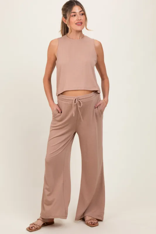 Taupe Sleeveless Top And Wide Leg Pants Maternity Set sold by Pinkblush