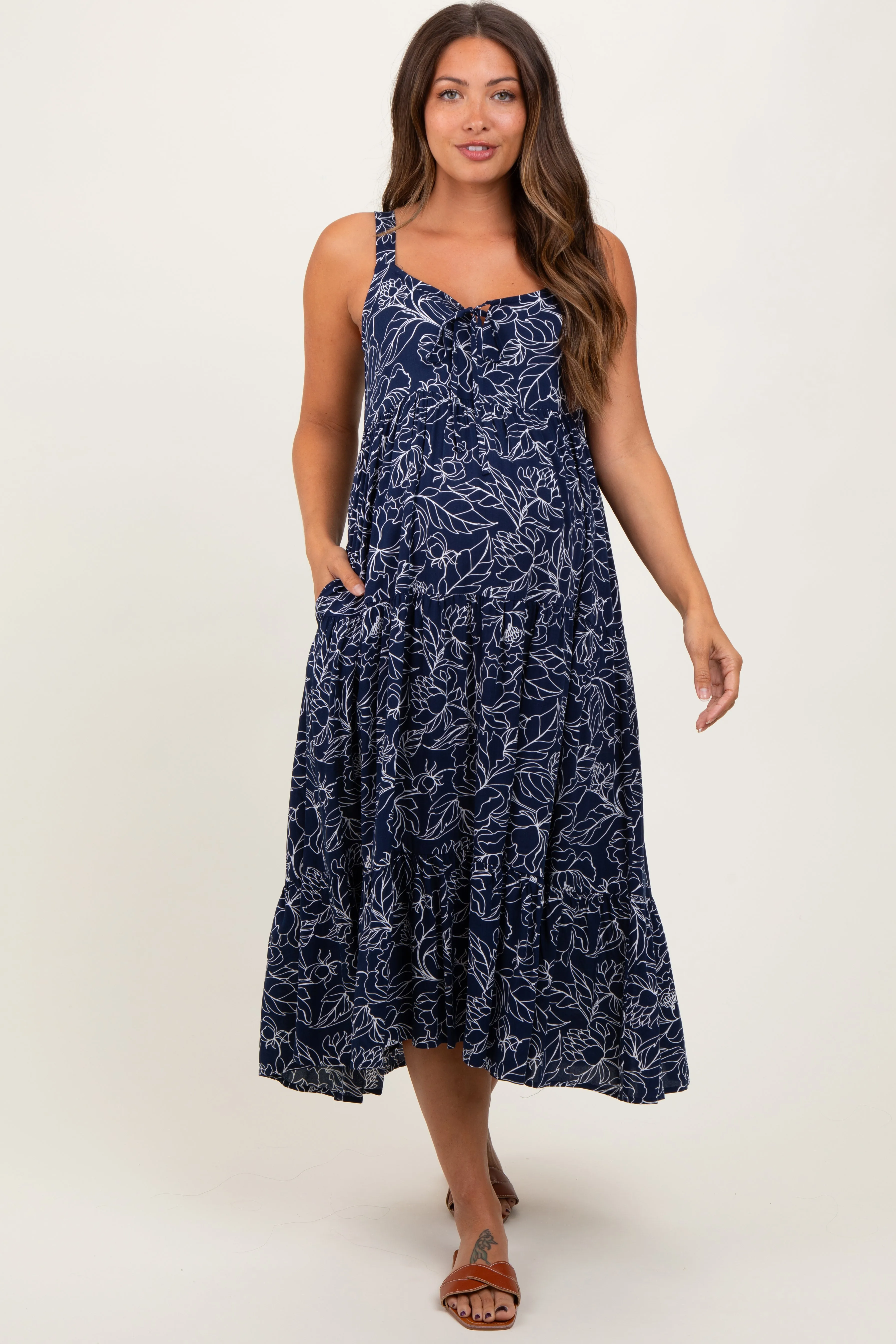 Navy Floral Outline Print Sleeveless Maternity Midi Dress sold by Pinkblush
