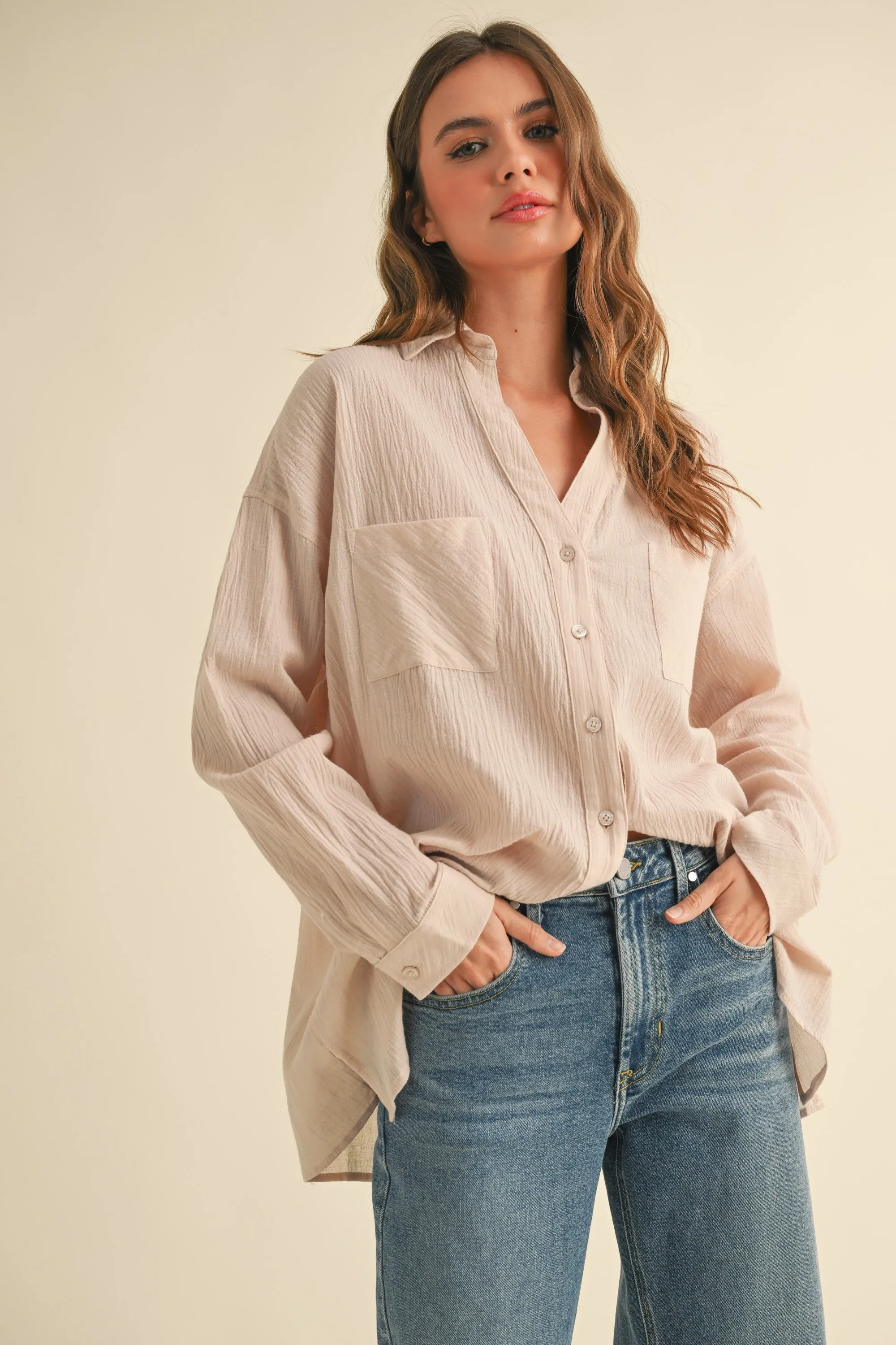 Beige Cotton Gauze Oversized Button Down Shirt sold by Pinkblush