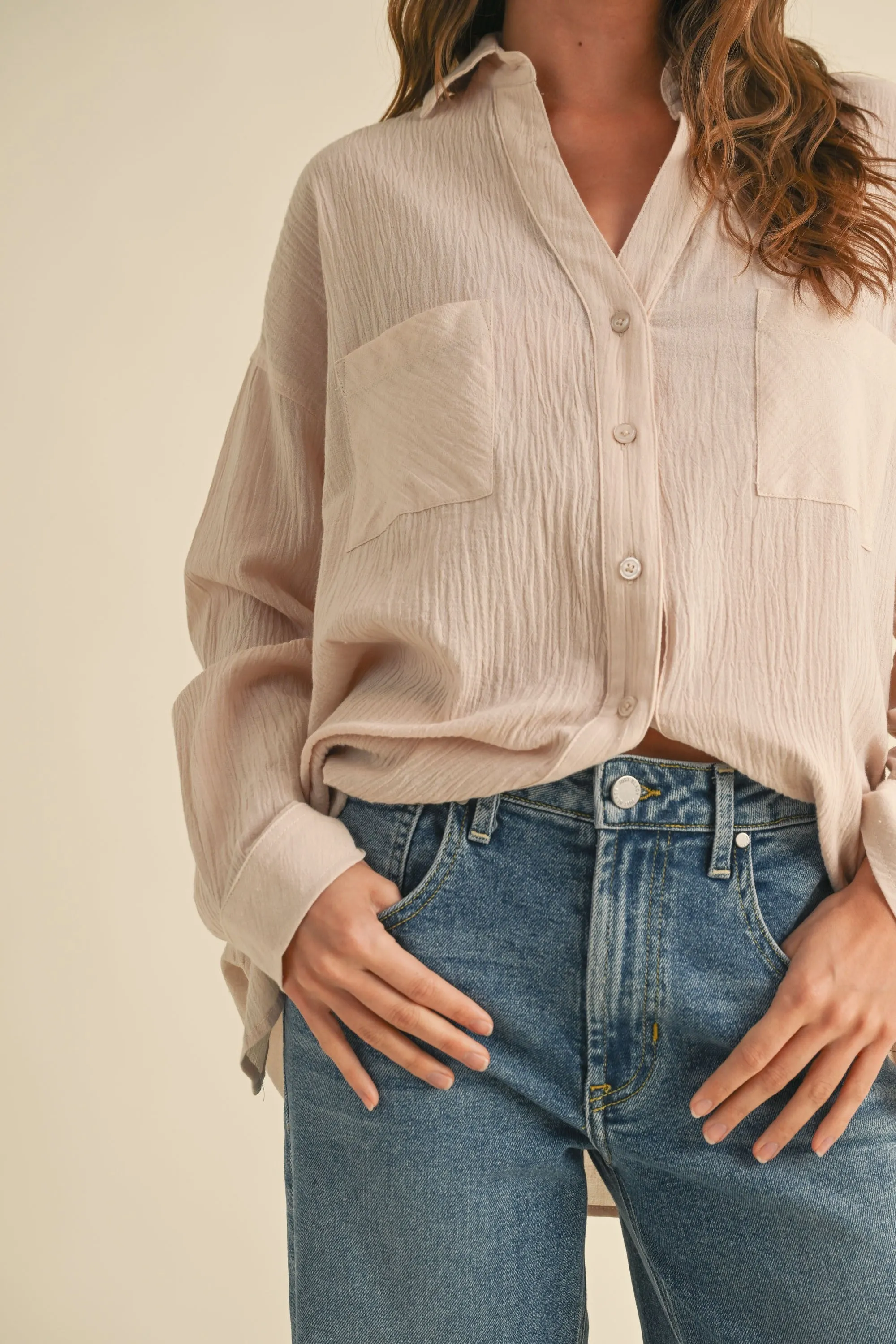 Beige Cotton Gauze Oversized Button Down Shirt sold by Pinkblush product image thumbnail 5