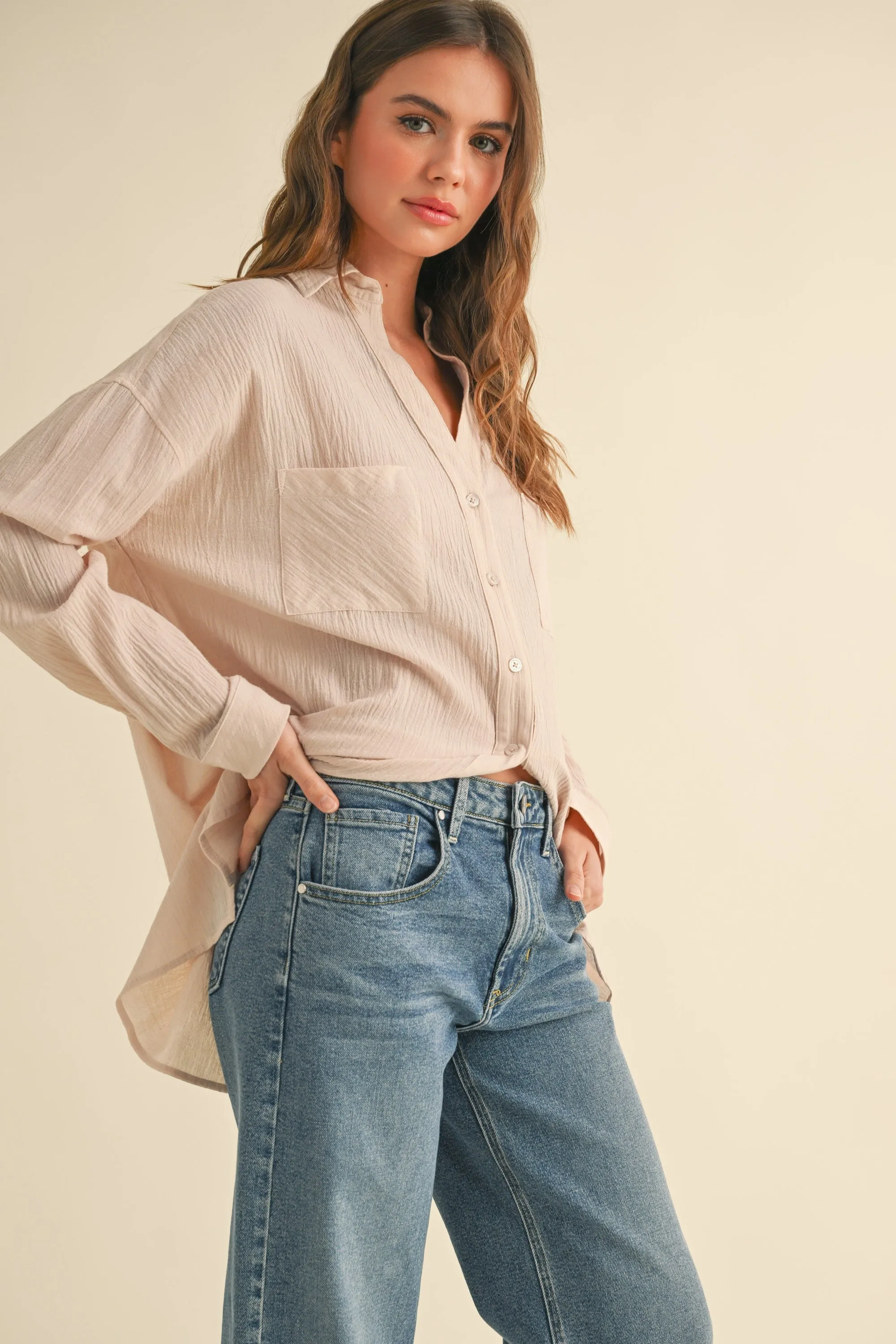 Beige Cotton Gauze Oversized Button Down Shirt sold by Pinkblush product image thumbnail 2