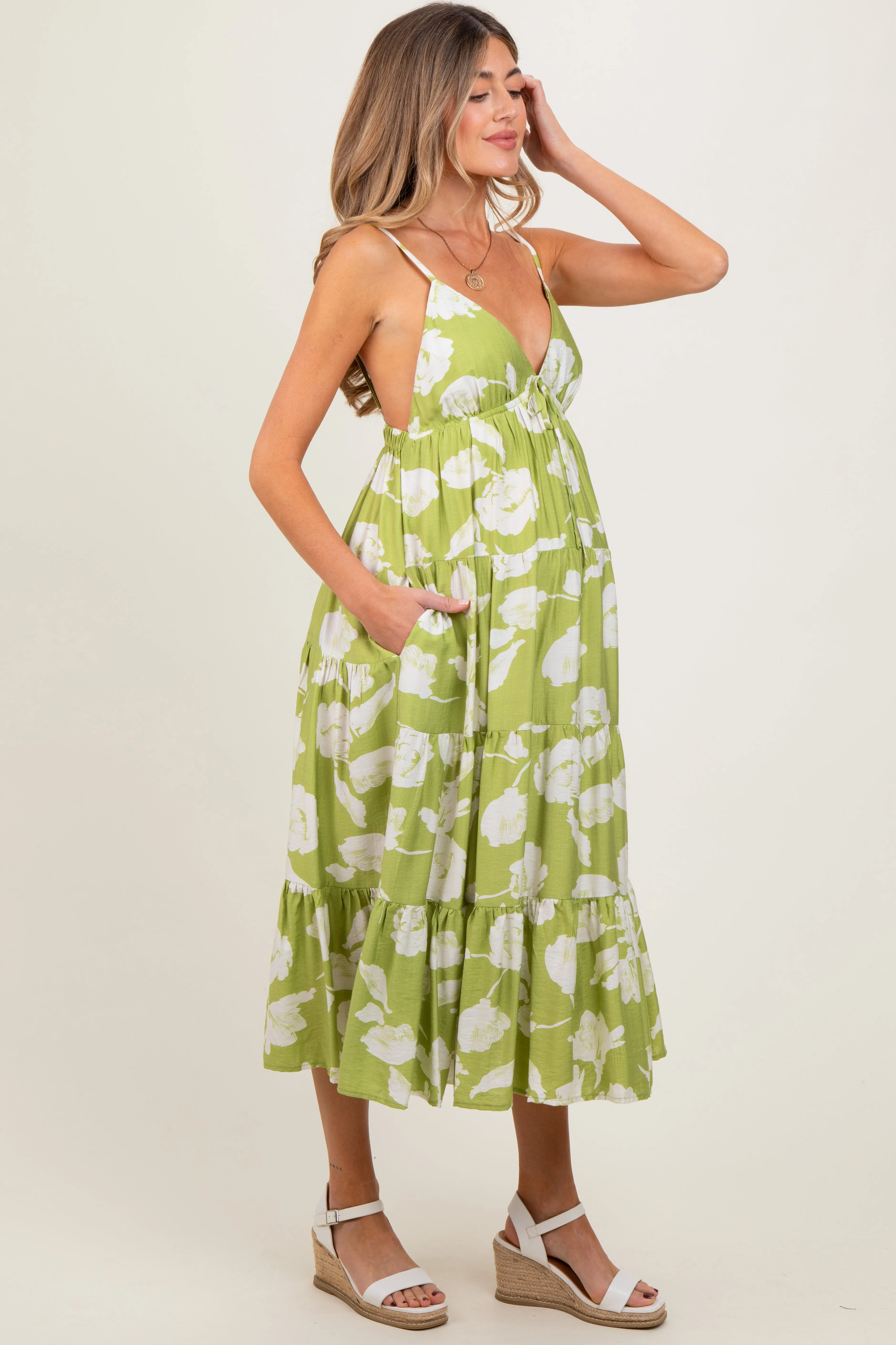 Lime Floral Front Tie Tiered Maternity Midi Dress sold by Pinkblush product image thumbnail 3