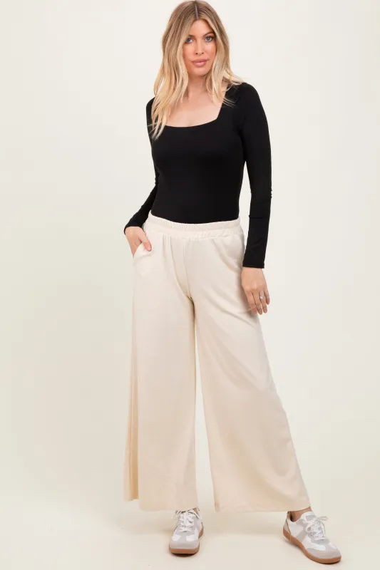 Cream Brushed Knit Wide Leg Pants sold by Pinkblush