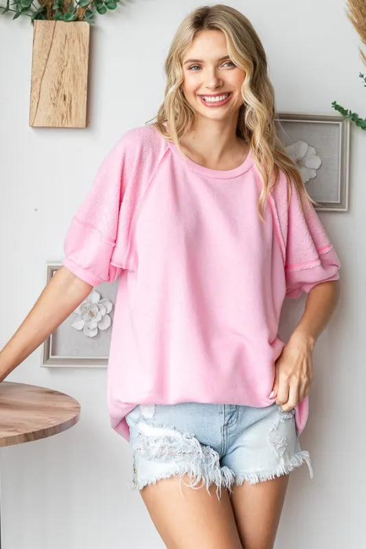 Pink Terry Contrast Short Sleeve Top sold by Pinkblush