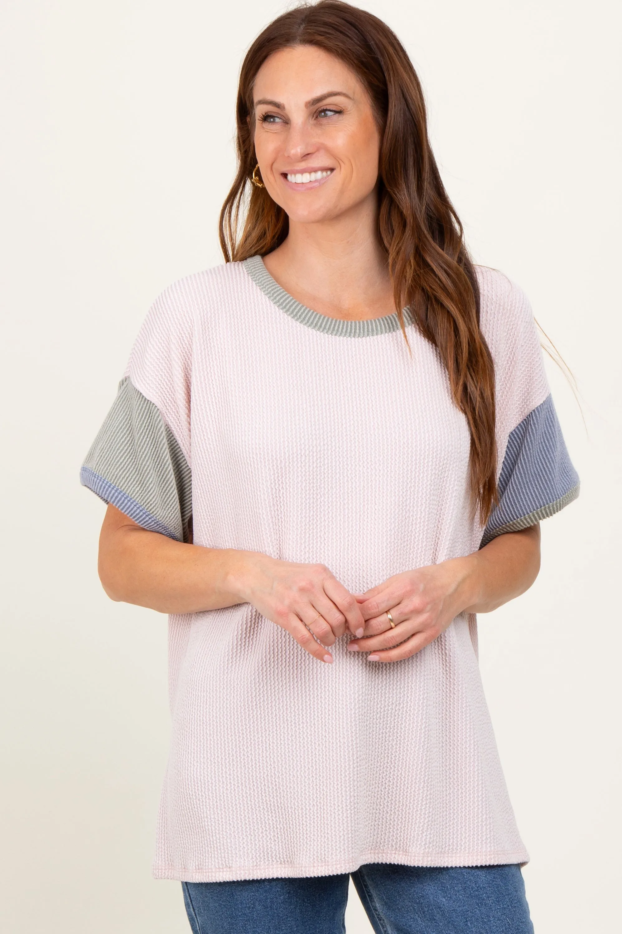 Peach Solid Ribbed Color Block Short Sleeve Maternity Tunic Top sold by Pinkblush product image thumbnail 3
