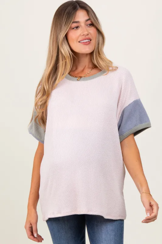 Peach Solid Ribbed Color Block Short Sleeve Maternity Tunic Top sold by Pinkblush