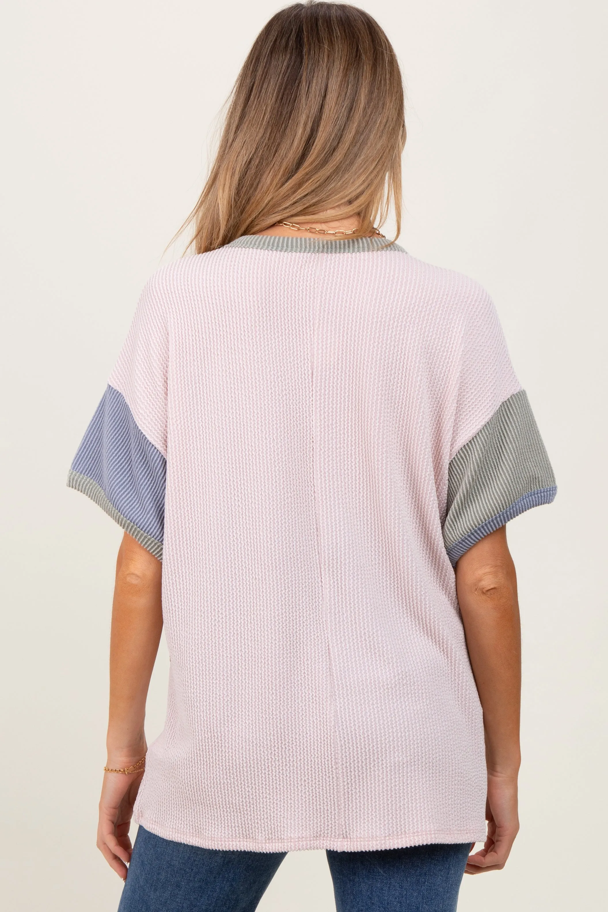 Peach Solid Ribbed Color Block Short Sleeve Maternity Tunic Top sold by Pinkblush product image thumbnail 2