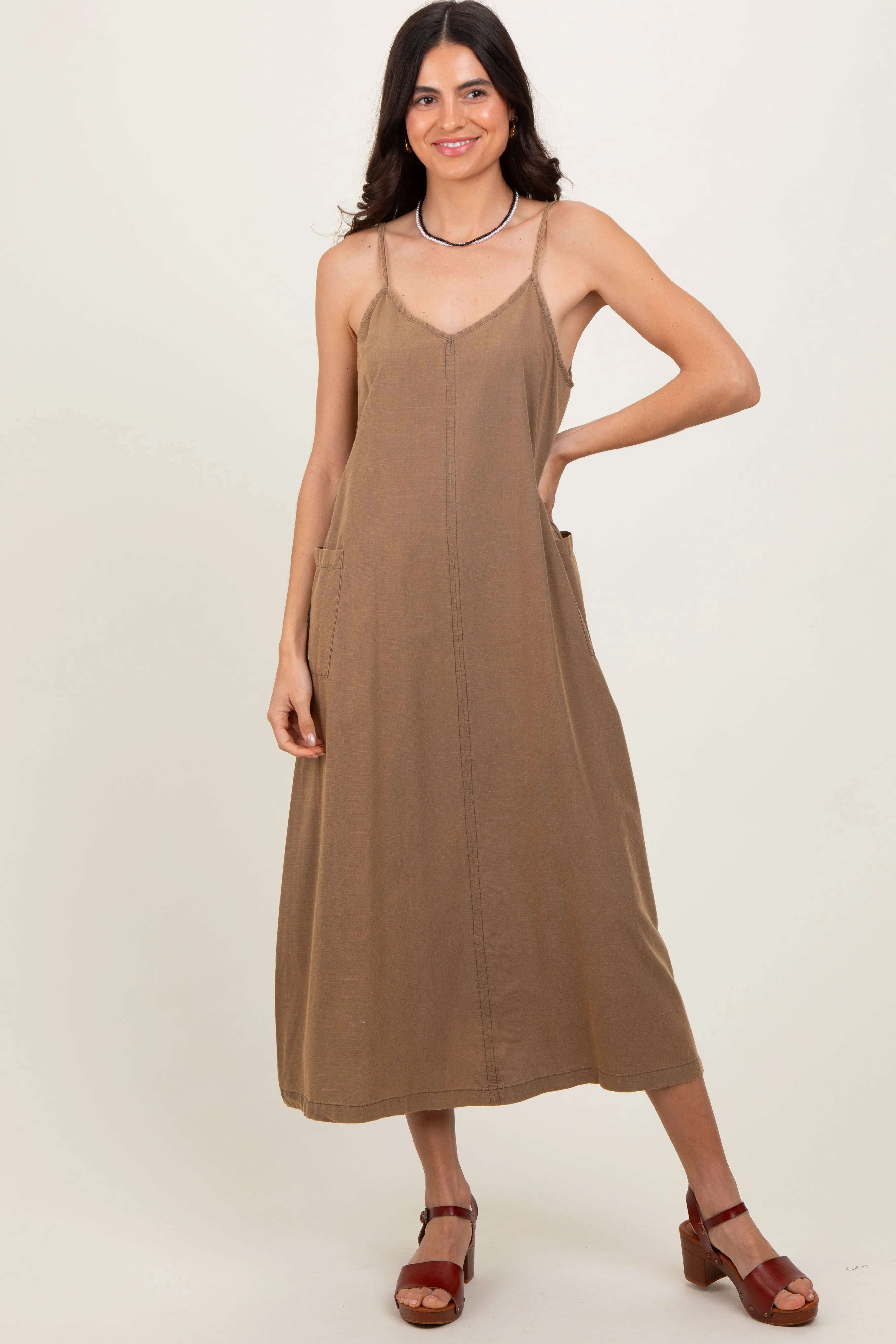 Olive V-Neck Overall Midi Dress sold by Pinkblush