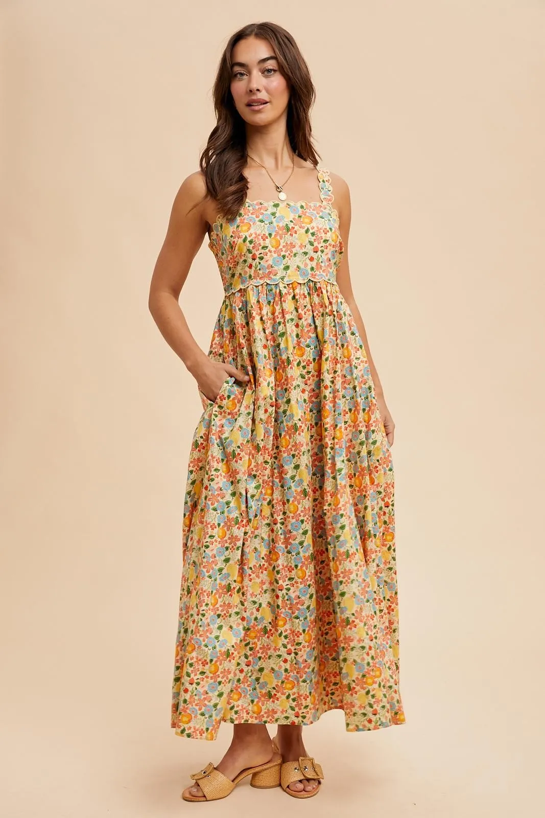 Yellow Floral Scallop Detail Sleeveless Maxi Dress sold by Pinkblush product image thumbnail 4