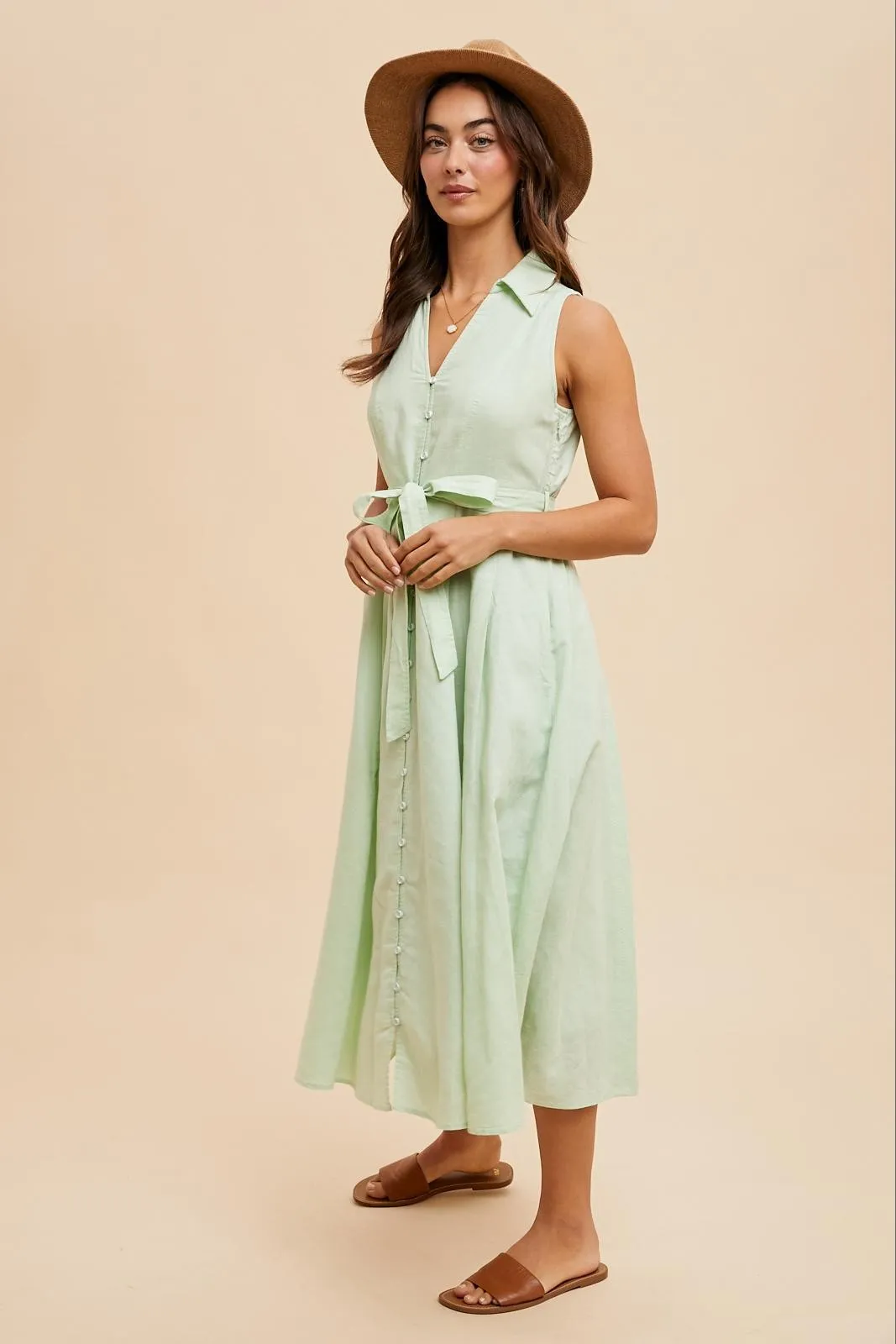 Mint Green Sleeveless Linen Blend Midi Shirt Dress sold by Pinkblush product image thumbnail 4