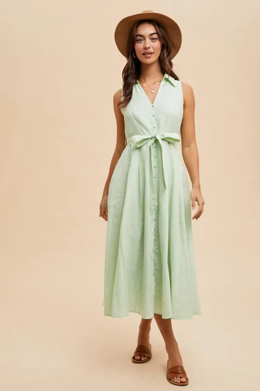 Mint Green Sleeveless Linen Blend Midi Shirt Dress sold by Pinkblush