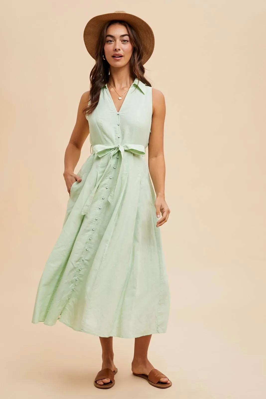 Mint Green Sleeveless Linen Blend Midi Shirt Dress sold by Pinkblush product image thumbnail 2