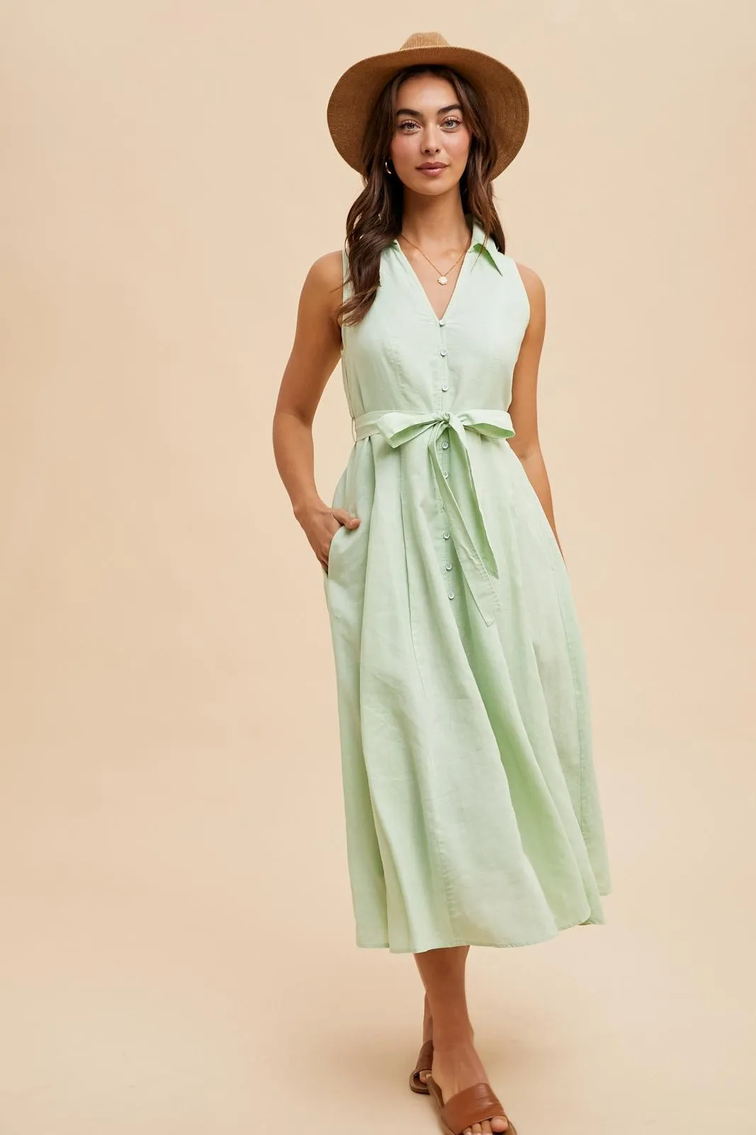 Mint Green Sleeveless Linen Blend Midi Shirt Dress sold by Pinkblush product image thumbnail 3