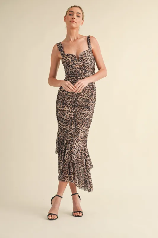 Mocha Animal Print Ruched Mermaid Midi Dress sold by Pinkblush