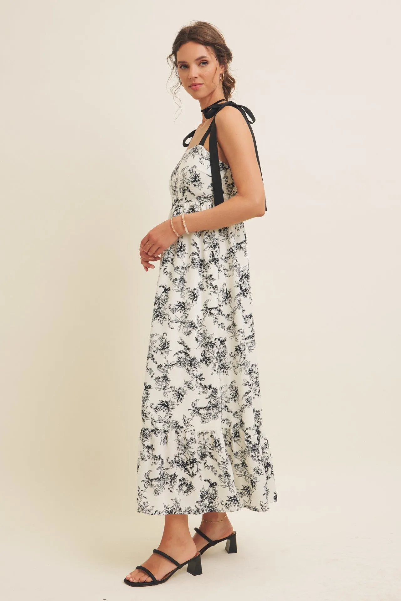 Cream/Black Floral Print Shoulder Bow Tie Midi Dress sold by Pinkblush product image thumbnail 3