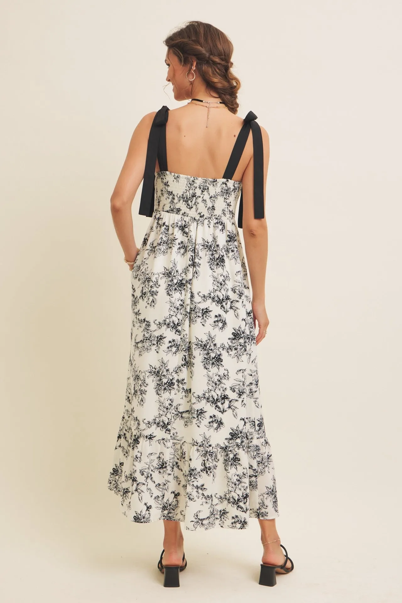 Cream/Black Floral Print Shoulder Bow Tie Midi Dress sold by Pinkblush product image thumbnail 4