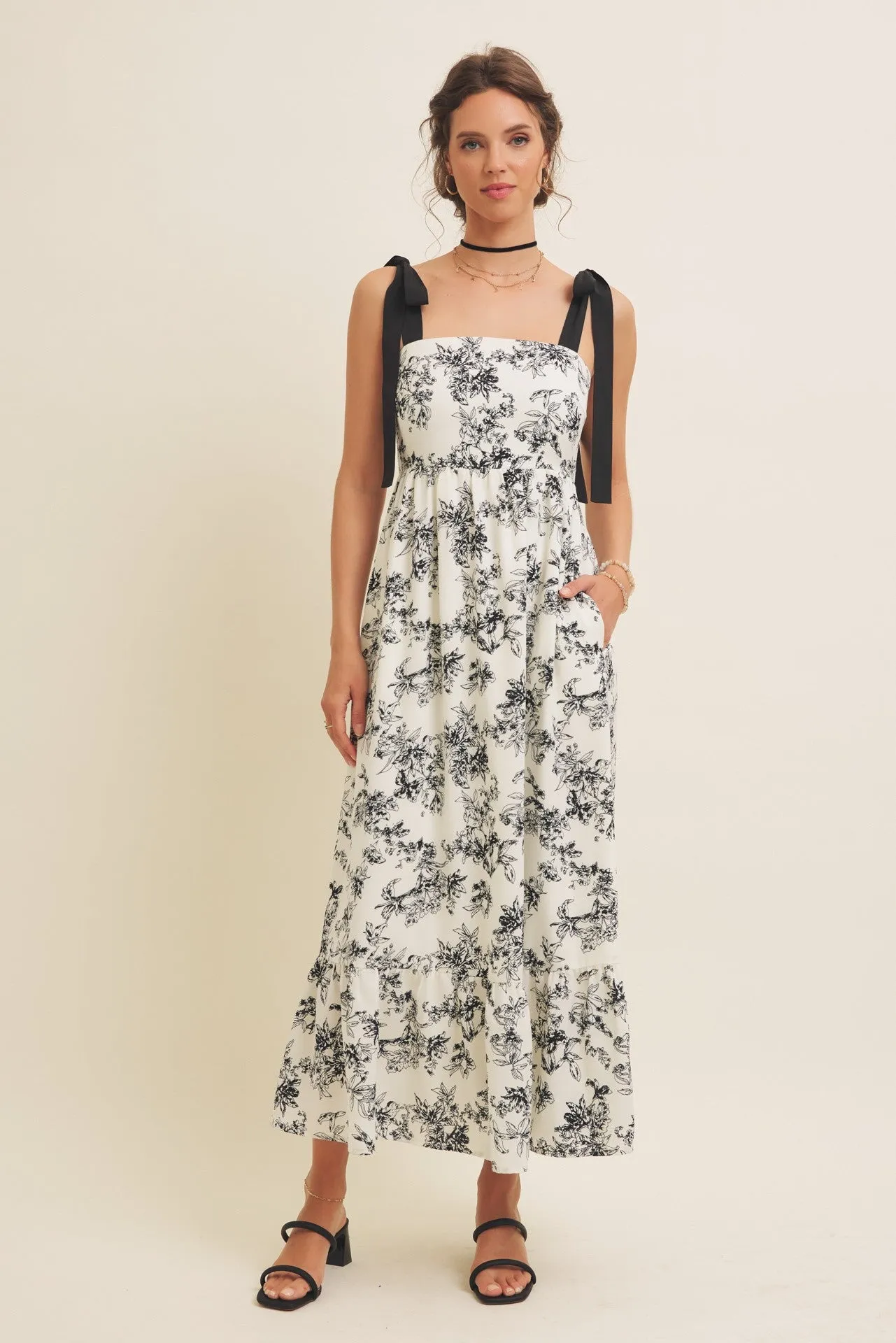 Cream/Black Floral Print Shoulder Bow Tie Midi Dress sold by Pinkblush