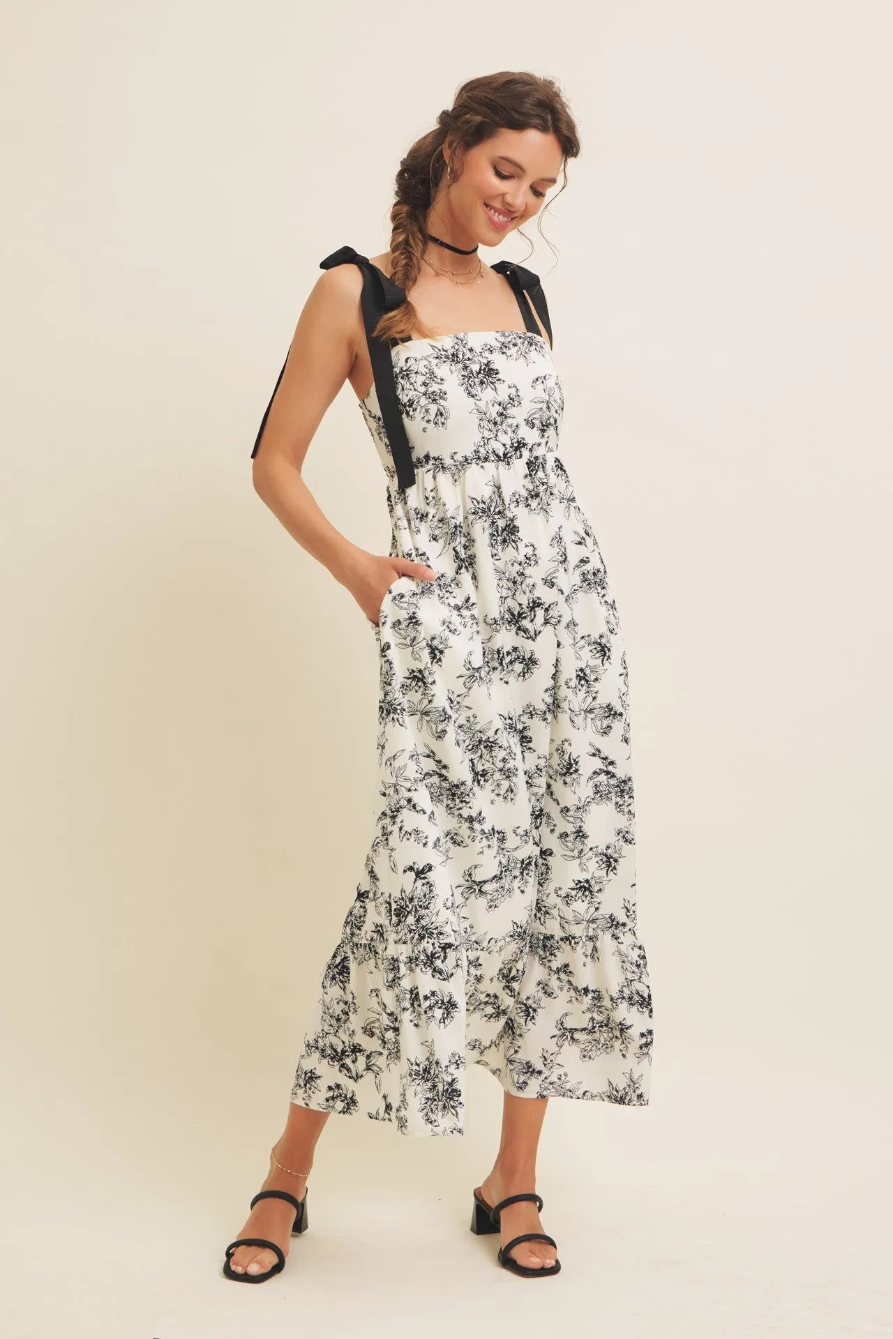 Cream/Black Floral Print Shoulder Bow Tie Midi Dress sold by Pinkblush product image thumbnail 2