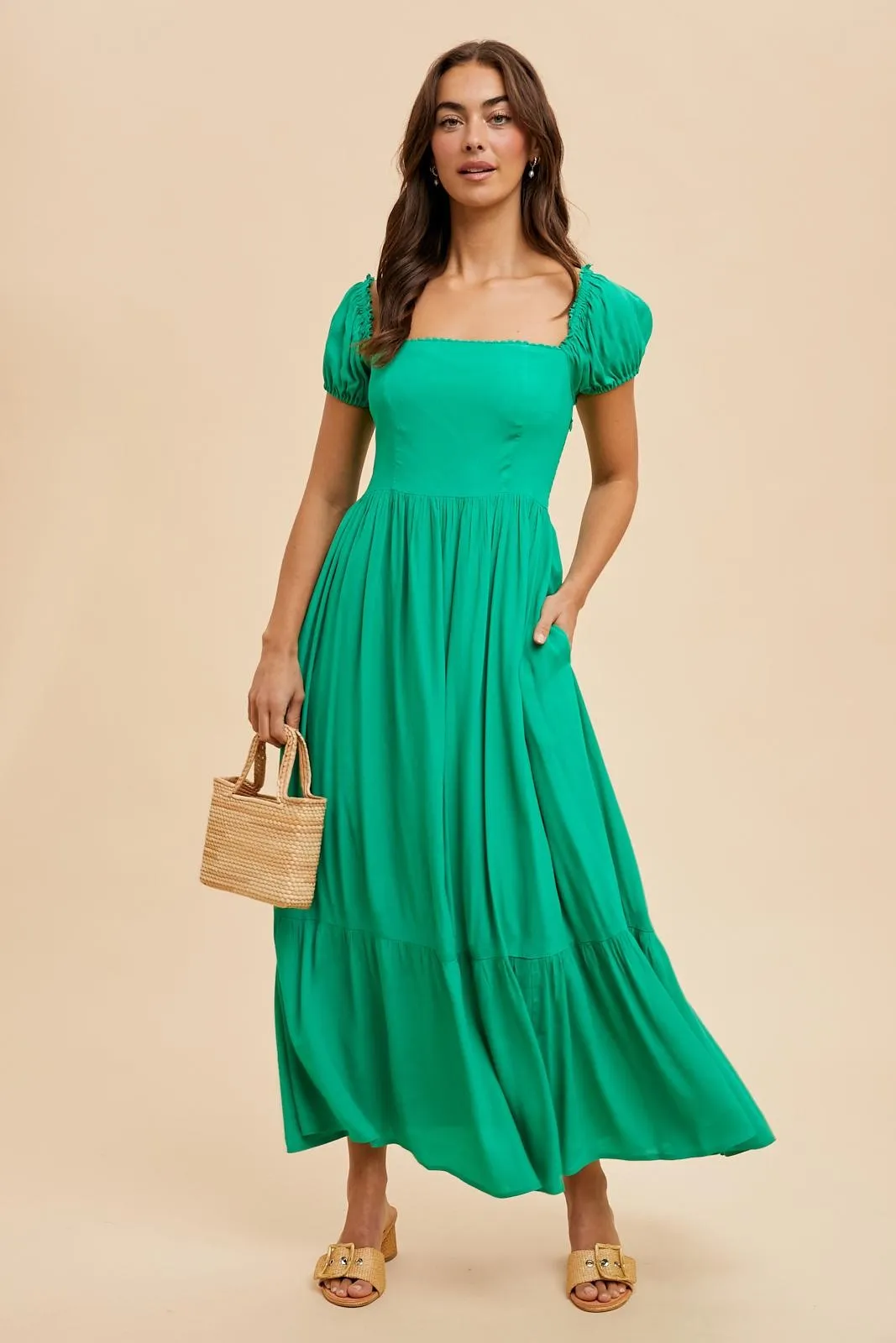 Green Ruffle Detail Square Neck Maxi Dress sold by Pinkblush