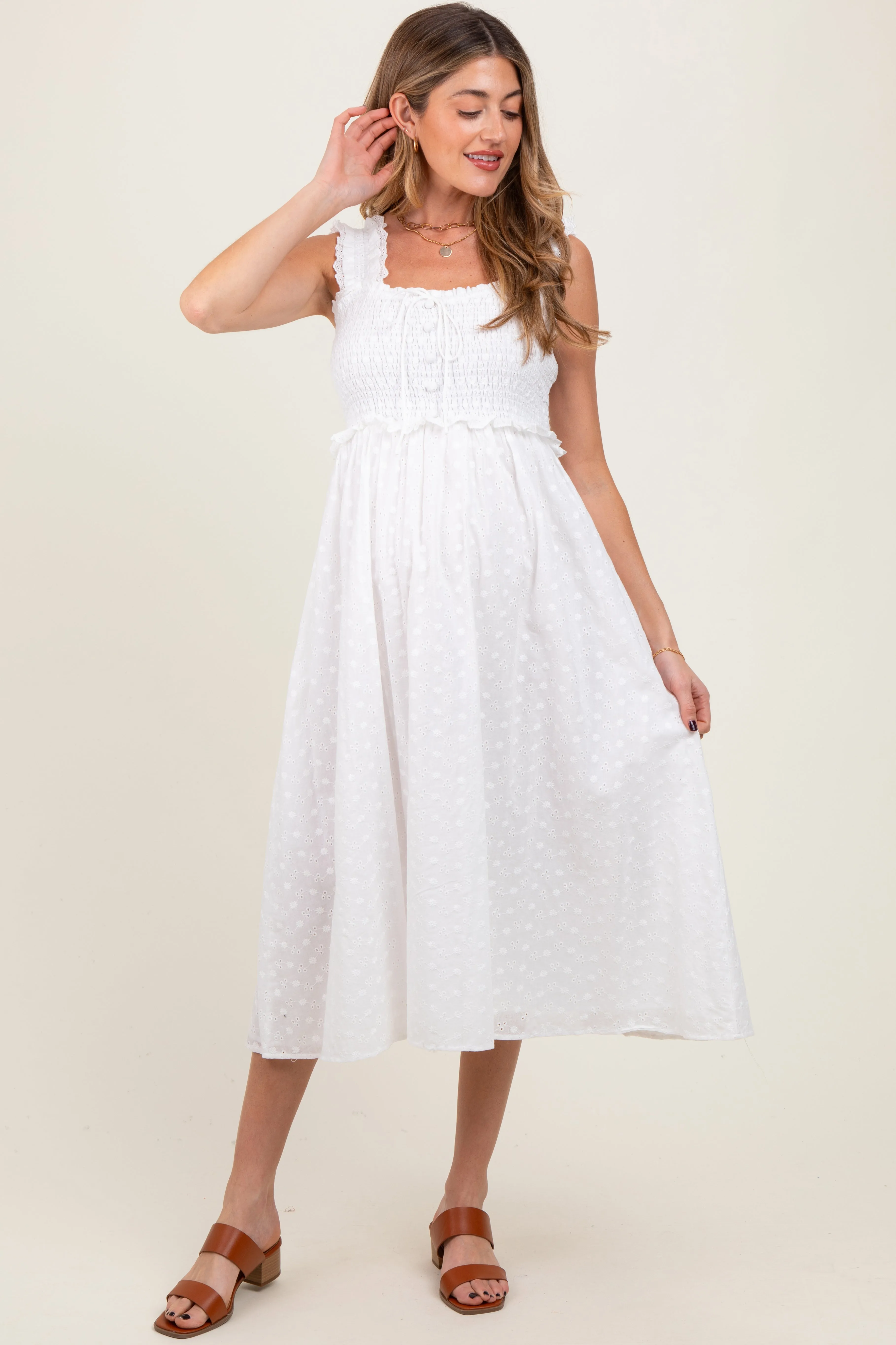 White Eyelet Sleeveless Maternity Midi Dress sold by Pinkblush